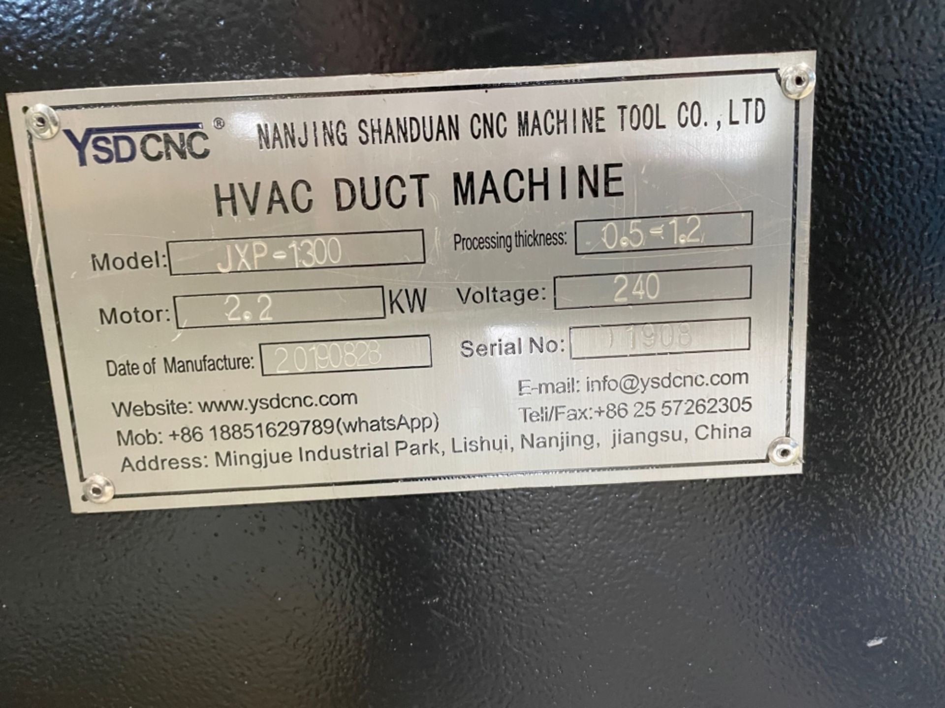 YSDCNC DUCT BEADING MACHINE 4'X18GA, MOD: JXP-1300, SN: 1908, 3 PHASES, USED TO MAKE 7 REINFORCED - Image 4 of 4