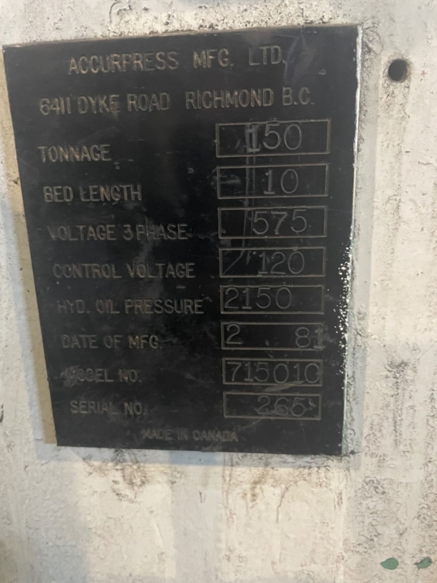 ACCURPRESS 150 TON X 10' PRESS BRAKE MOD: 715010, SN: 265, 600V 3PH ** MISSING ELECTRIC - Image 2 of 6