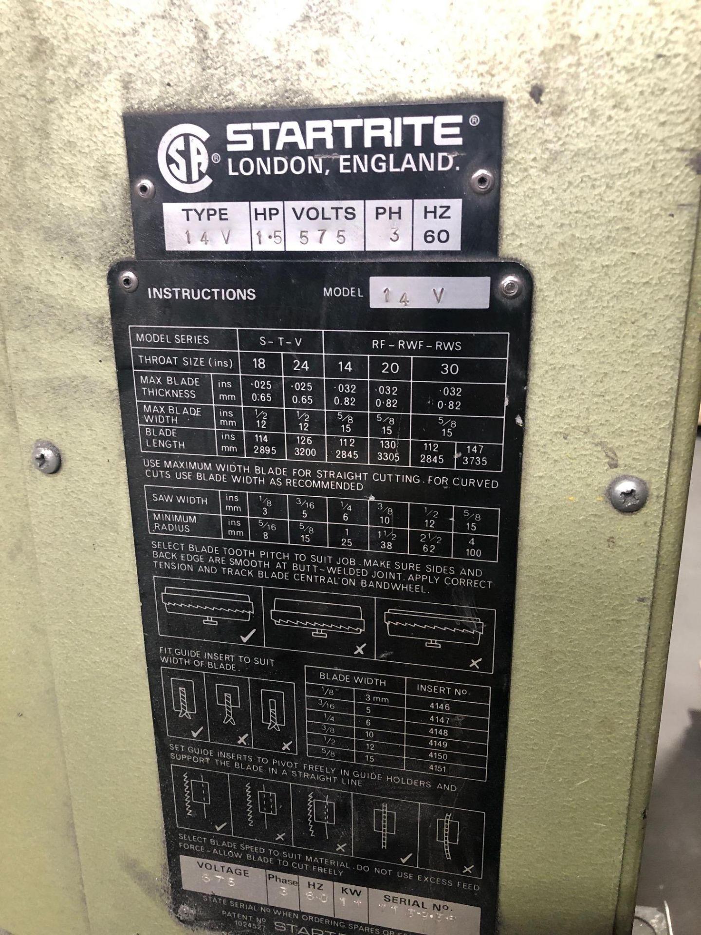 STARTRITE VERTICAL BAND SAW MOD: 14V, 575V 3PH * LOCATED AT 2630 SABOURIN ST., ST-LAURENT QC * - Image 2 of 2