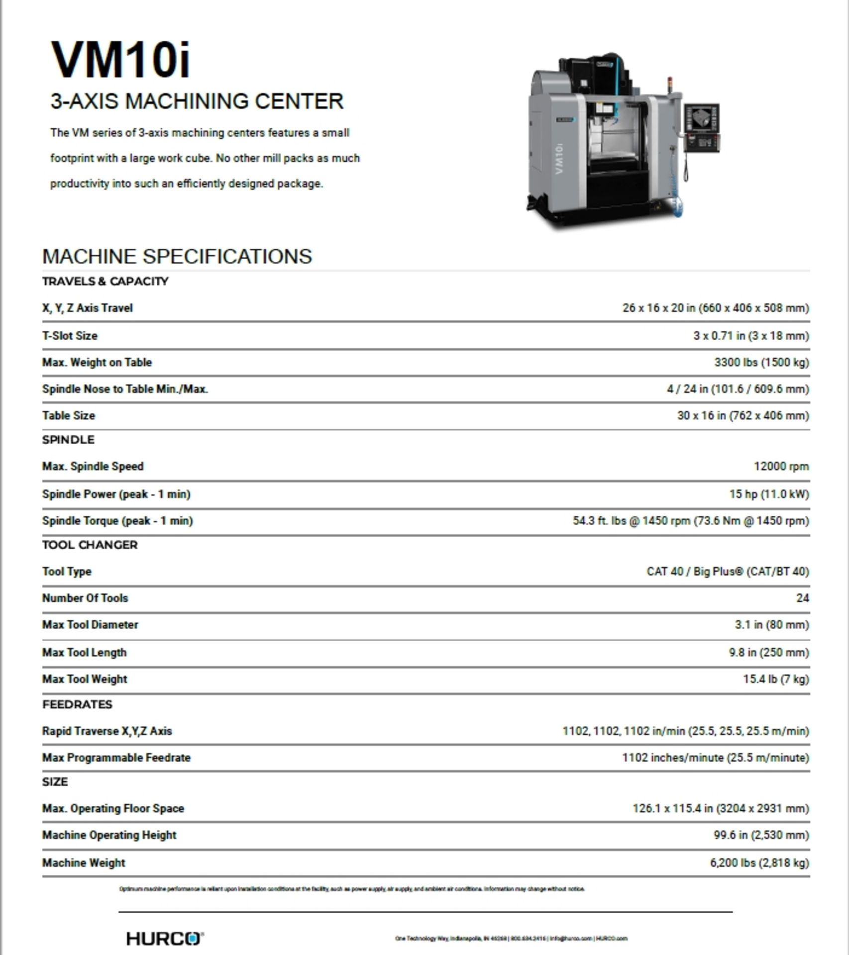 (2015) HURCO 3 AXIS VERTICAL MACHINING CENTER MOD: VM10i, MAX CONTROL, 12000 RPM, 30''X16'' TABLE, - Image 8 of 8