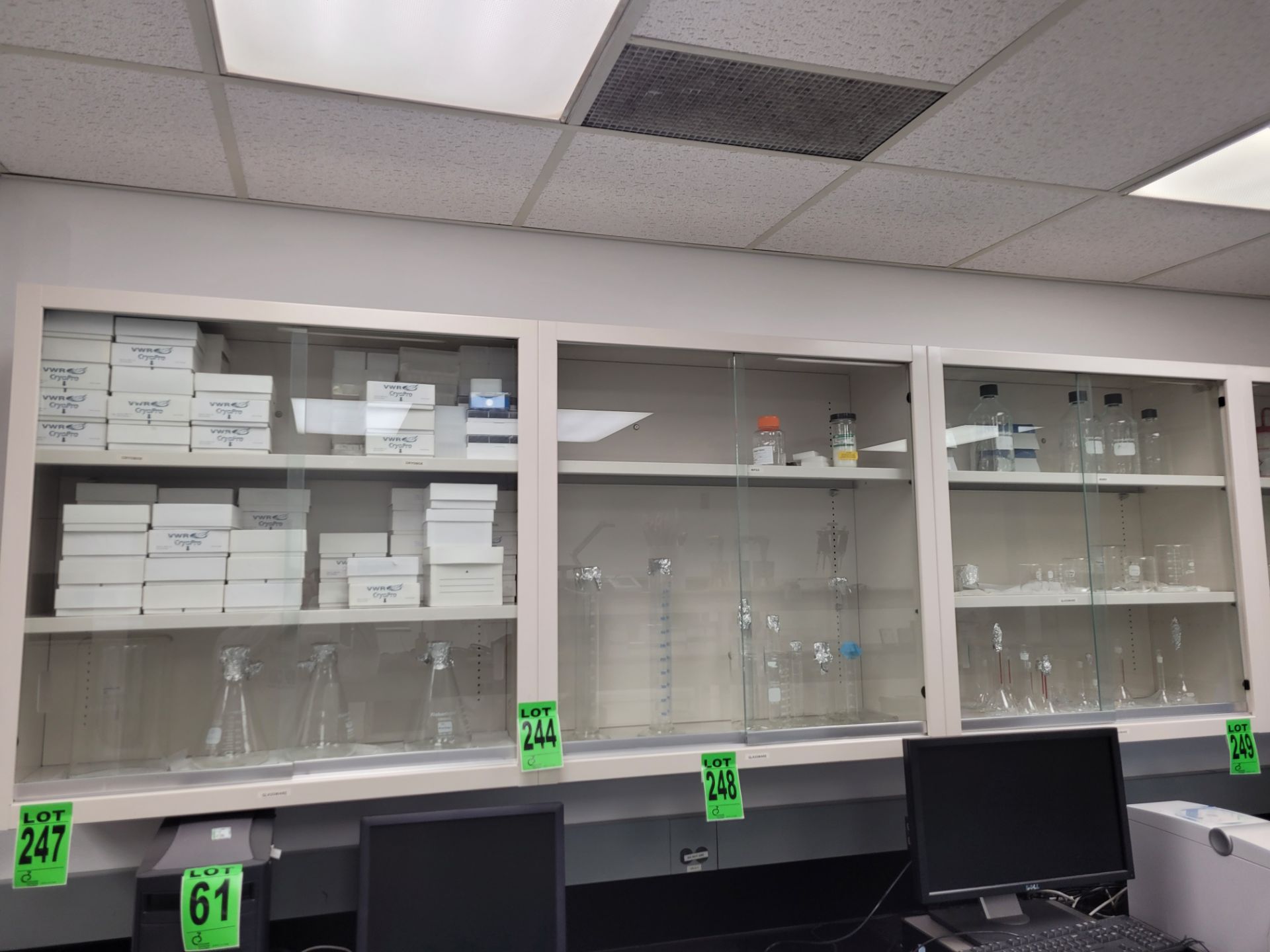 (3) Sections of wall-mount, 2-glass door, 2/3-level lab cabinets, 3' x 1'/ea.