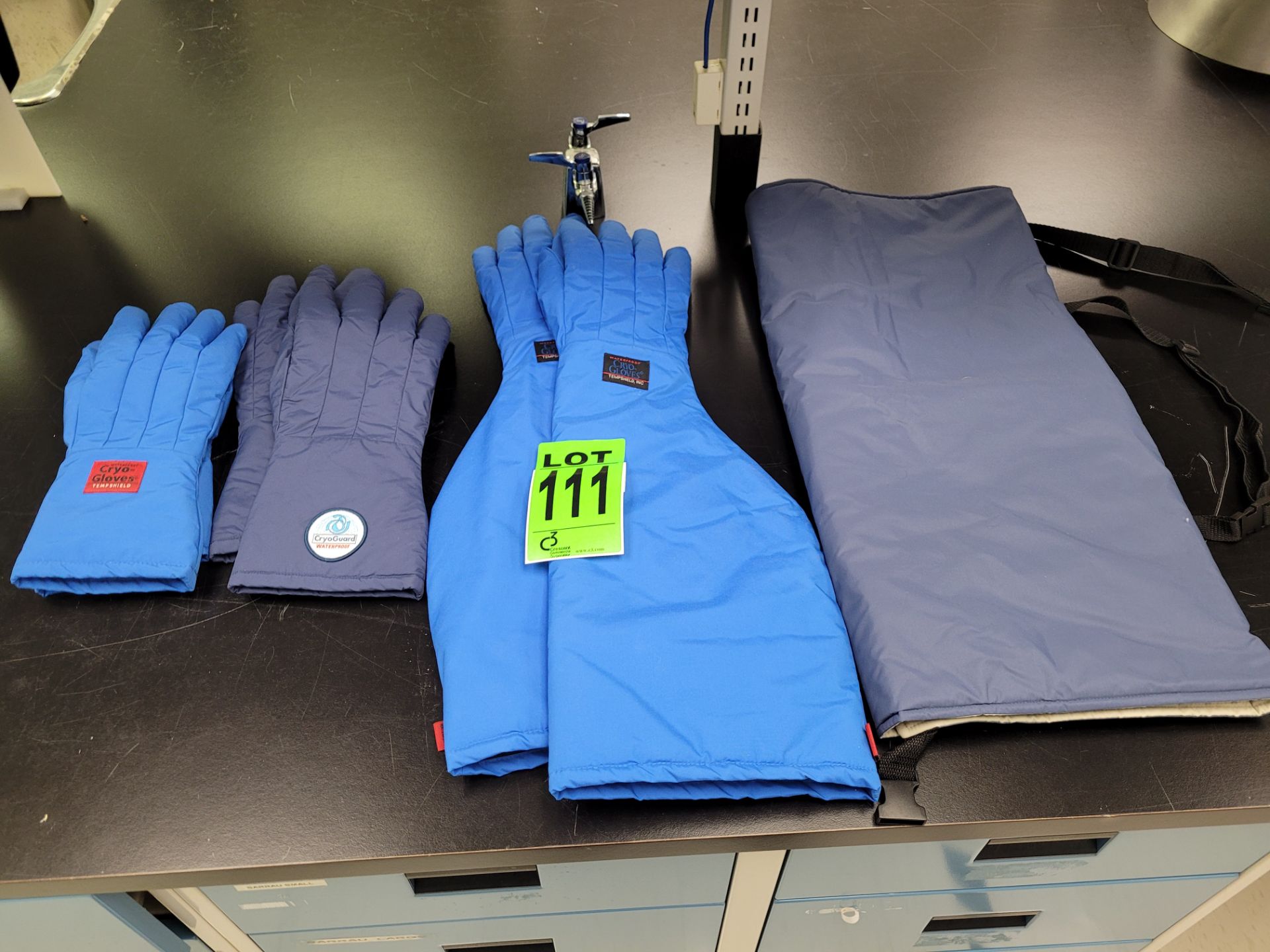 (3) pairs of CRYO-GLOVES / CRYOGUARD cold/waterproof laboratory handling gloves and apron
