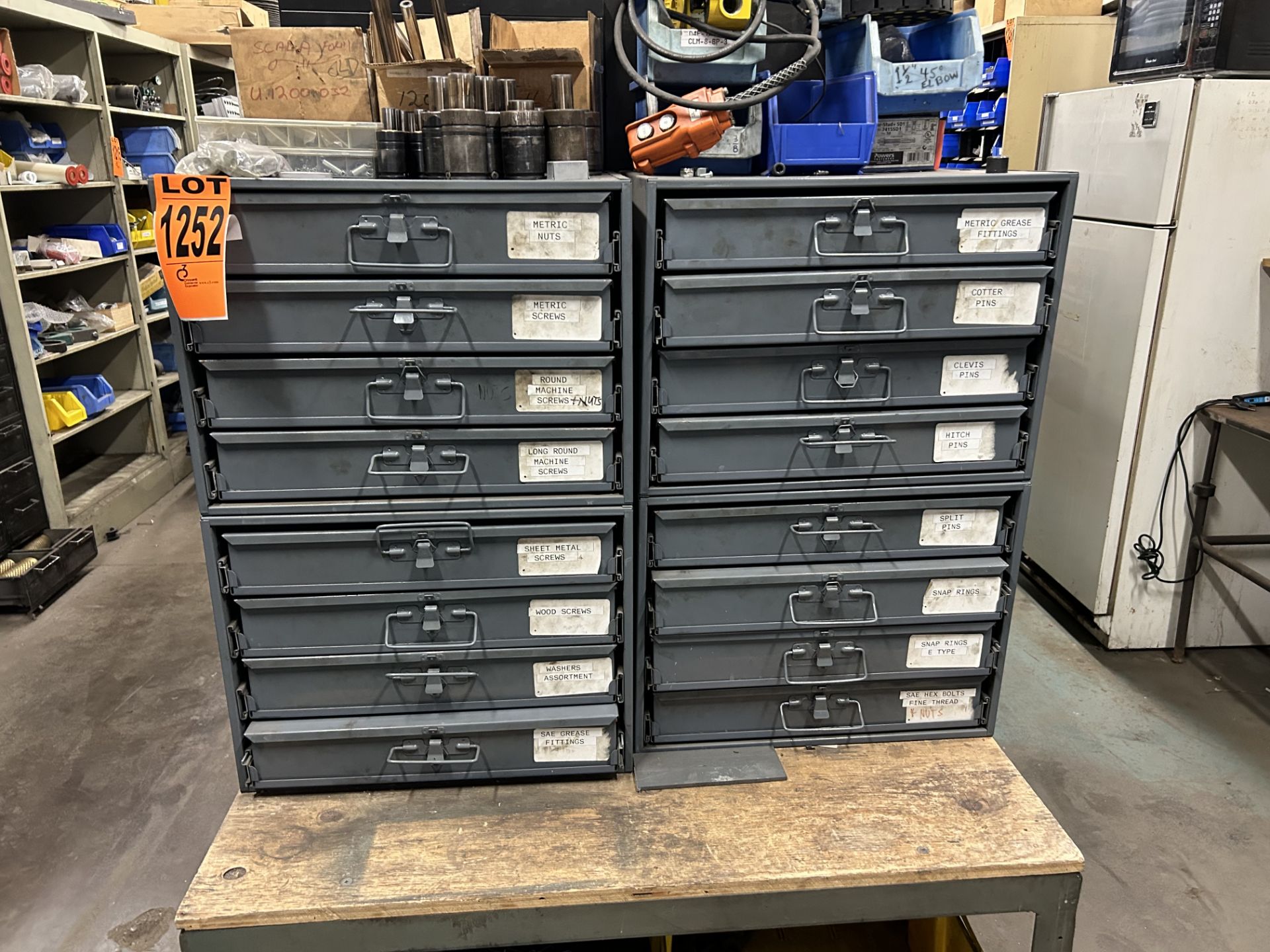 Lot of (4) DURHAM sliding 4-drawer cabinet w/ 24 compartments and contents of screw and O-Rings, Sna