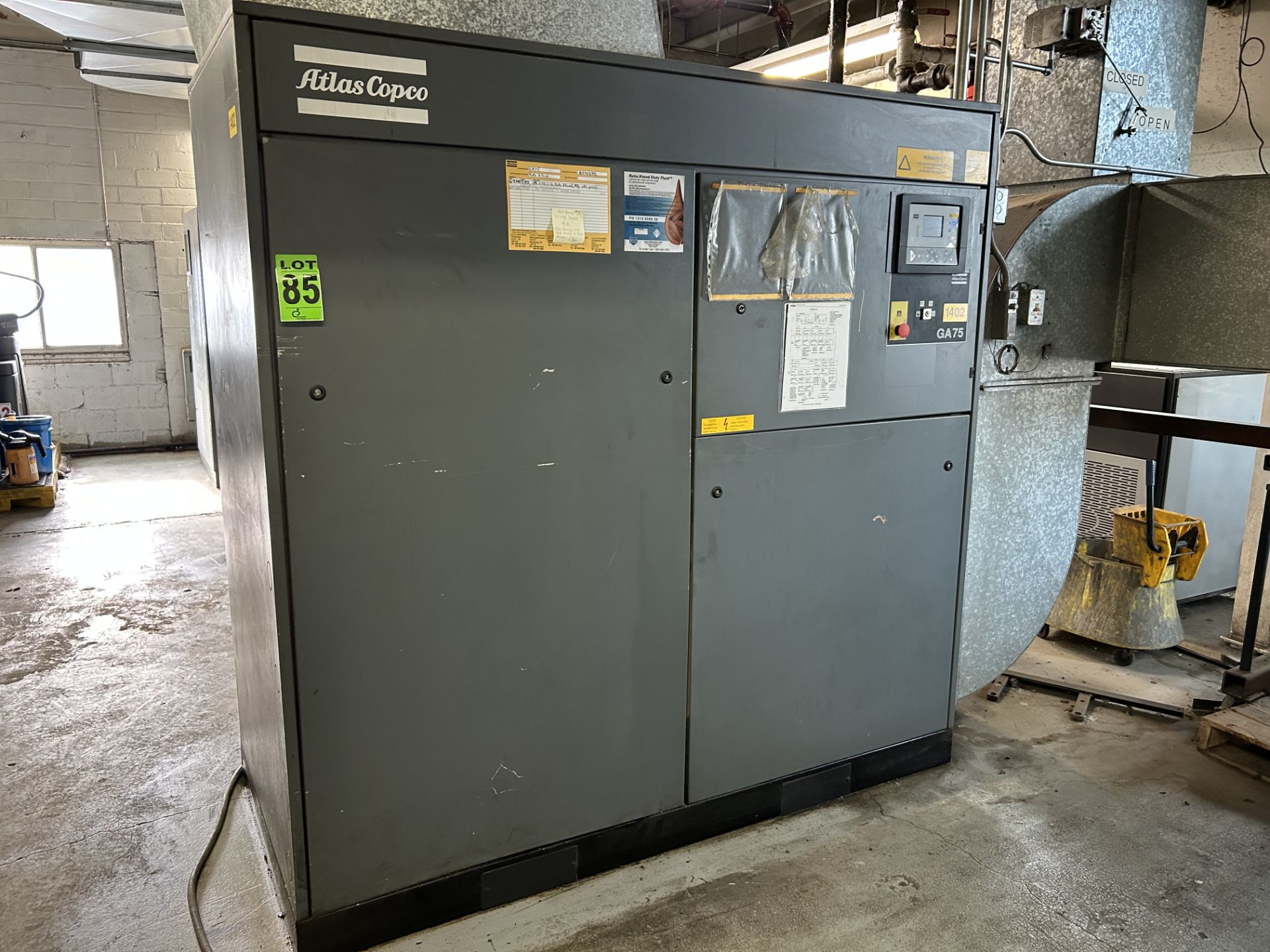 100 HP ATLAS COPCO mod. GA75 Rotary Screw Air Compressor, ser. 458996, 68000 hrs