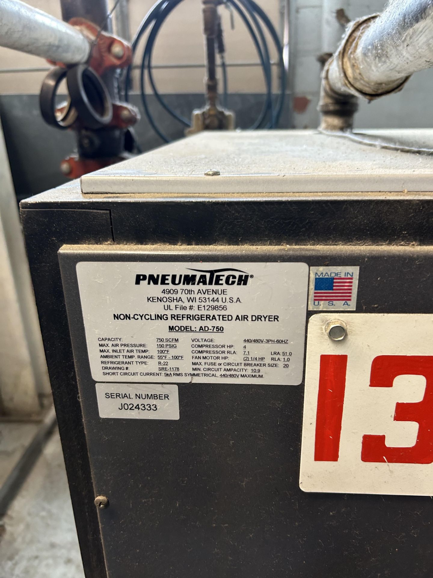 PNEUMATECH mod. AD750 750-scfm, Refrigerated Air Dryer, ser. J024333 - Image 2 of 4