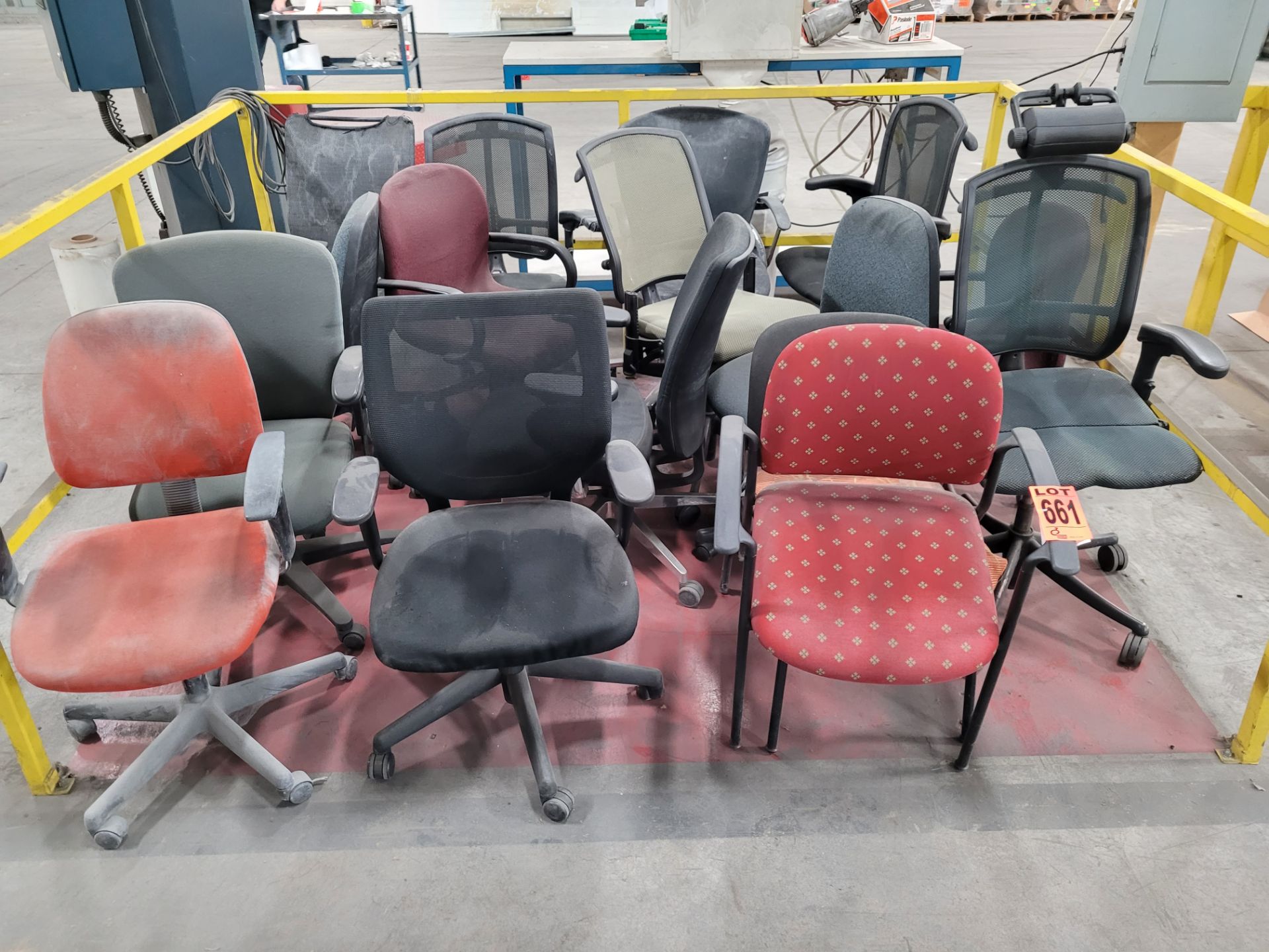 Lot of (14) adjustable rolling office chairs and (2) waiting room chairs