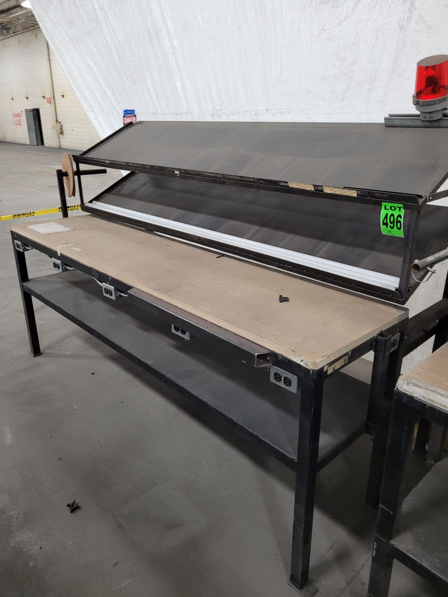Steel frame 2-level inspection table with wood surface, 2 inclined backboard shelves, warning light