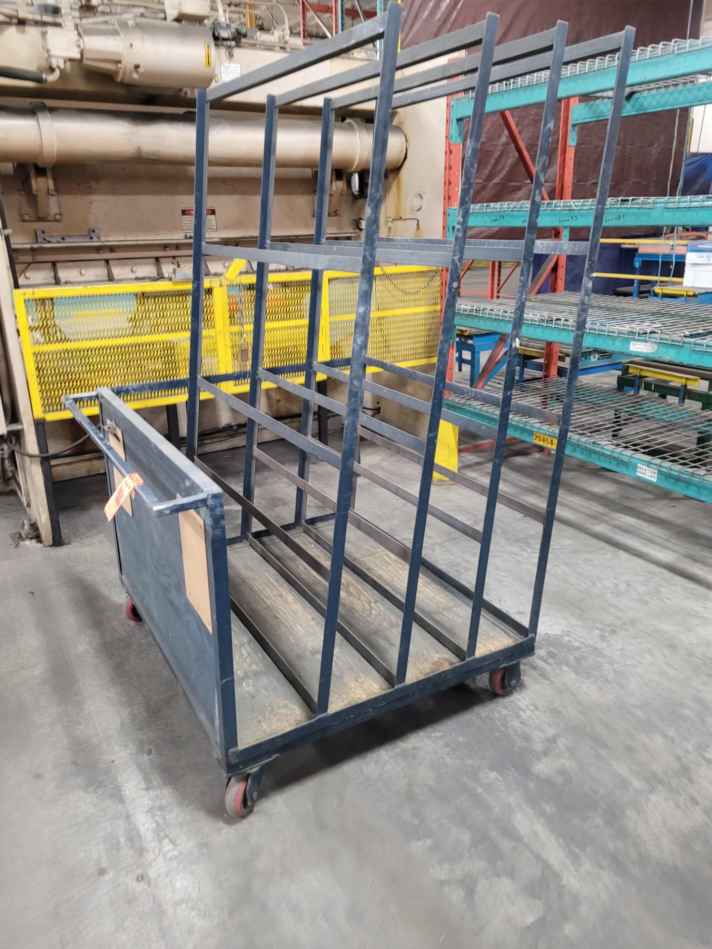 Steel frame 4-slot, 3-sided panel transfer cart w/ handle on casters, wooden base/side - Image 3 of 5