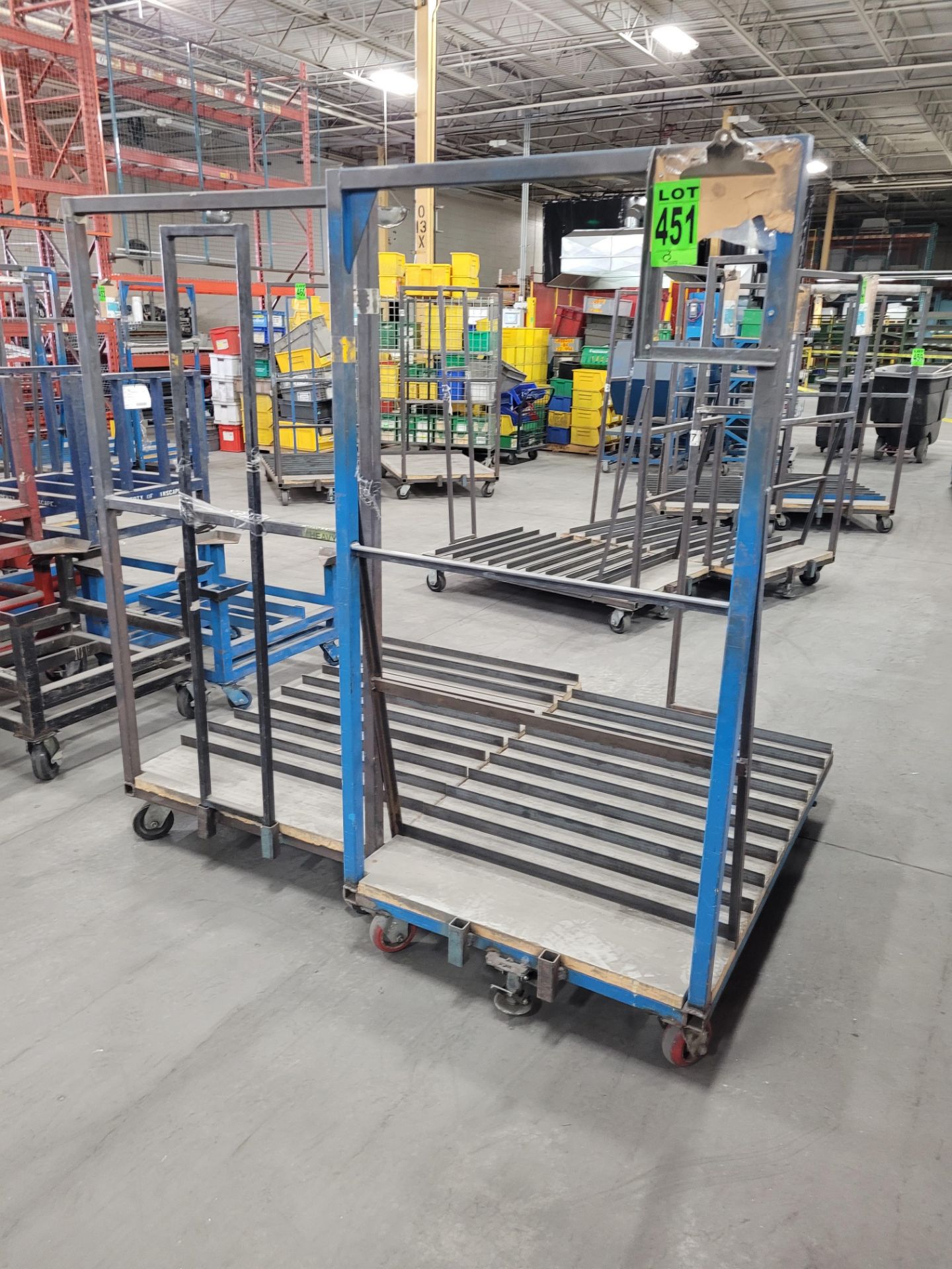 Lot of (2) steel carts (9) steel dividers, casters, removable steel side, floor locks
