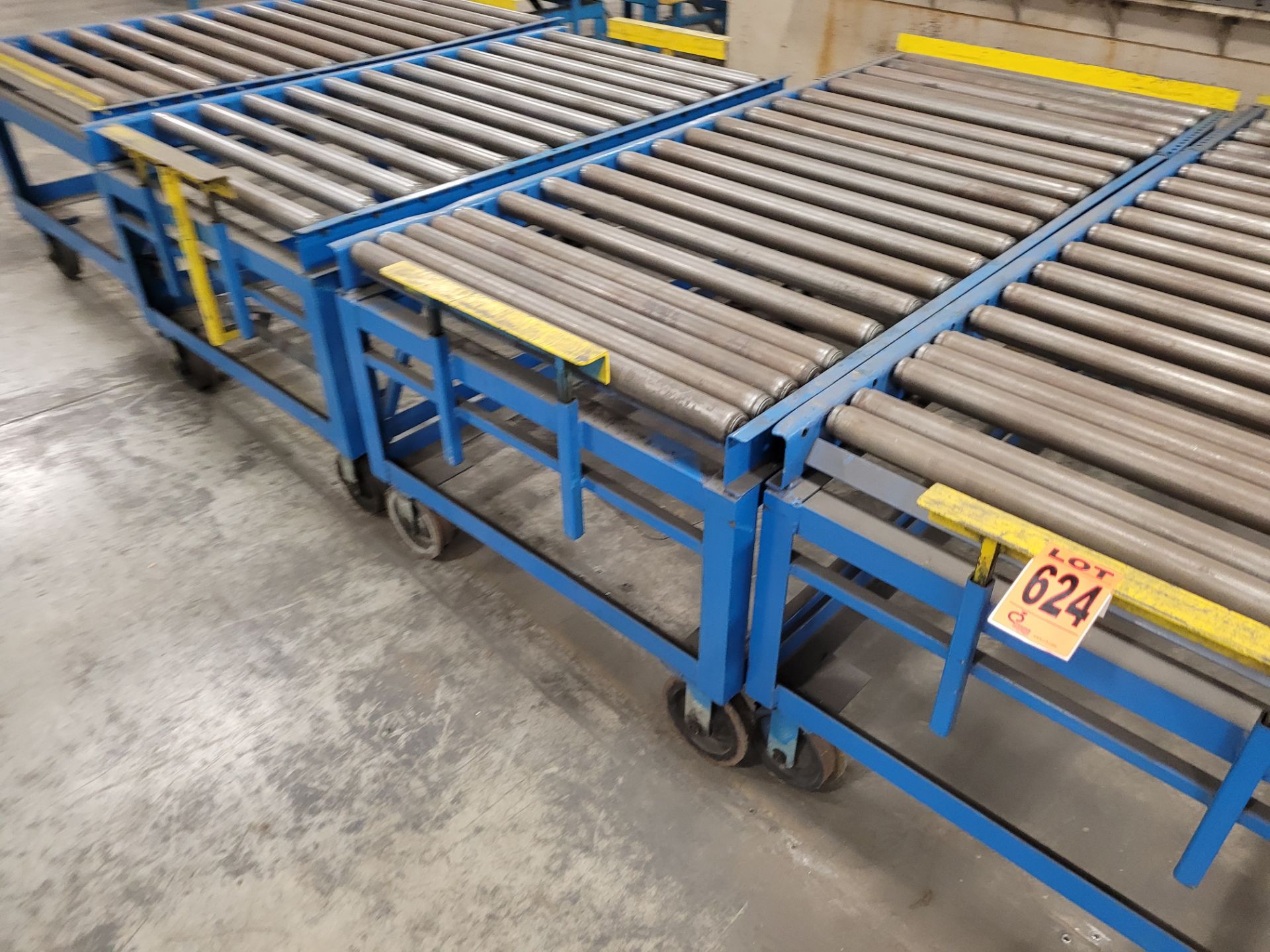 Lot of (4) steel frame manual roller conveyors, ea. w/(2) casters and (2) rail wheels, w/ adjustable - Image 4 of 13