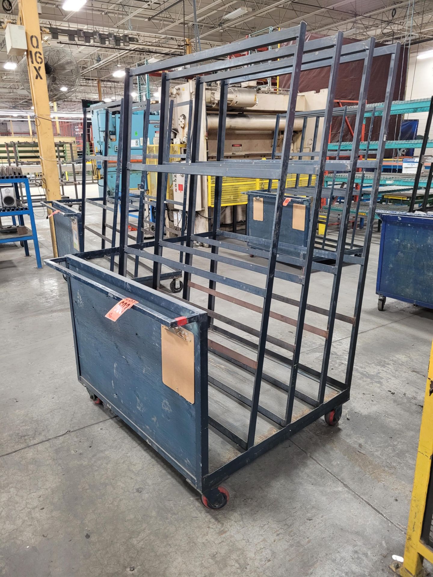 Steel frame 4-slot, 3-sided panel transfer cart w/ handle on casters, wooden base/side - Image 2 of 4