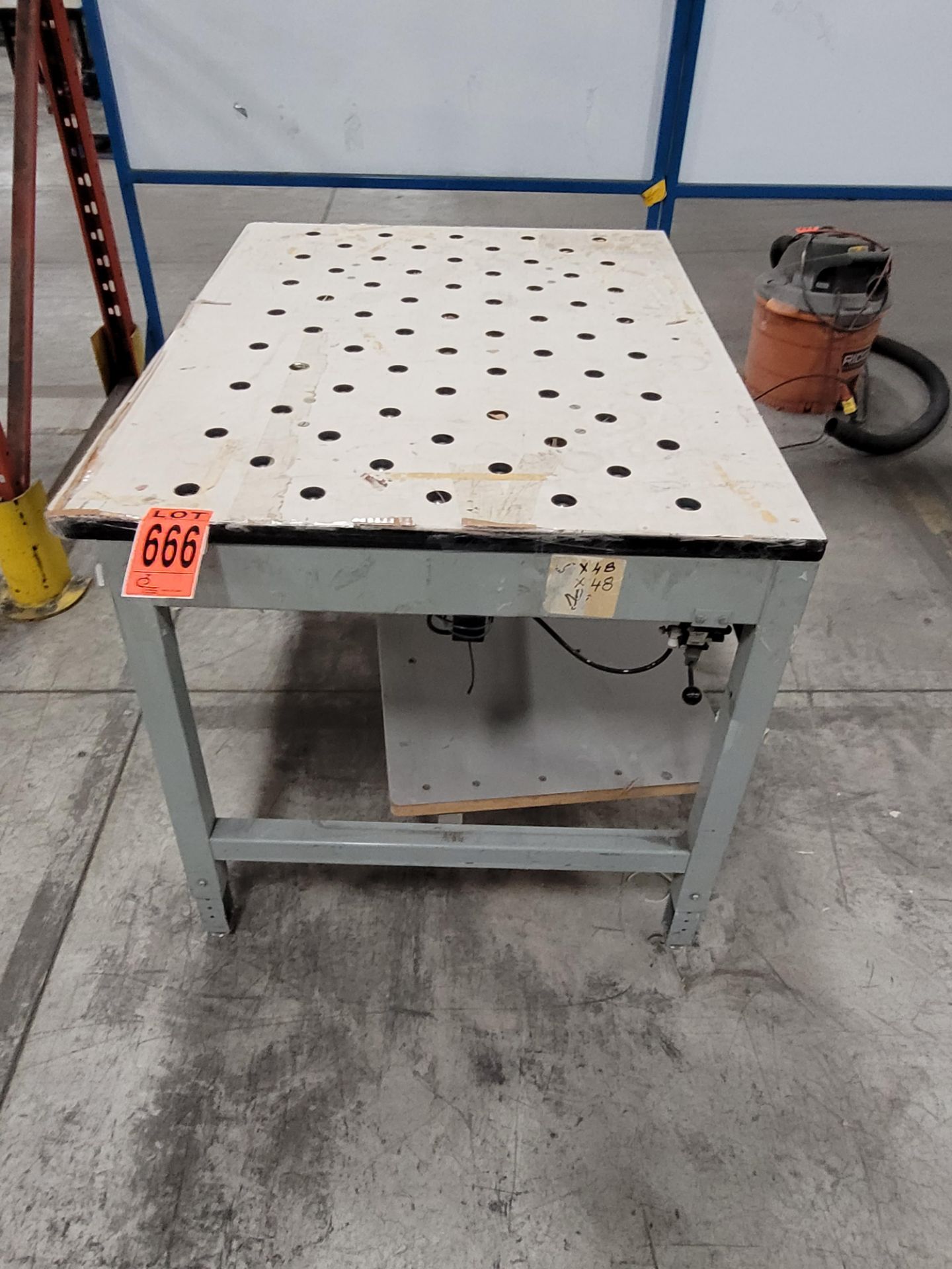 Steel frame table w/ specialty plywood surface w/ ball cut-outs, controller