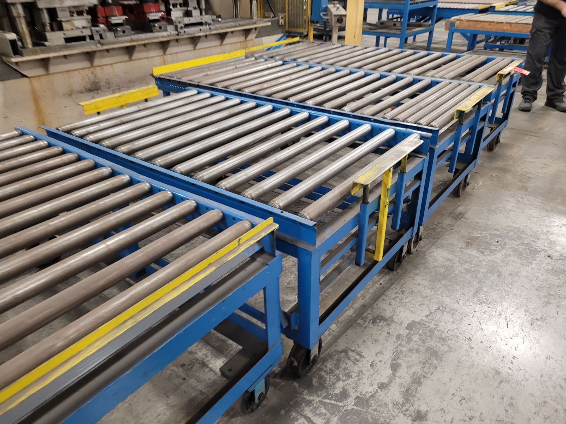 Lot of (4) steel frame manual roller conveyors, ea. w/(2) casters and (2) rail wheels, w/ adjustable - Image 9 of 13