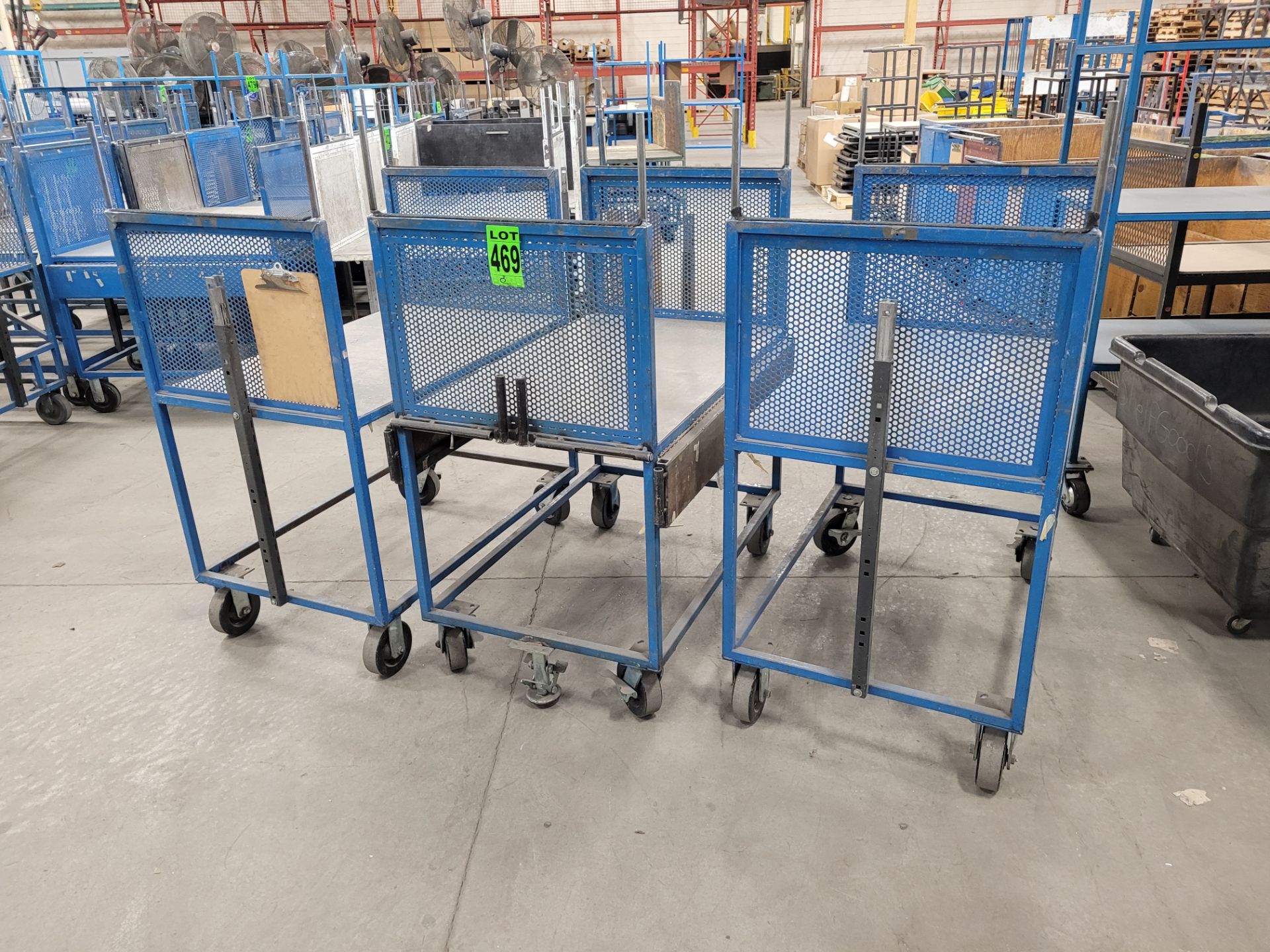 Lot of (3) steel-lattice carts w/handles, casters, wheel lock, (1) w/ expandable sides and floor loc