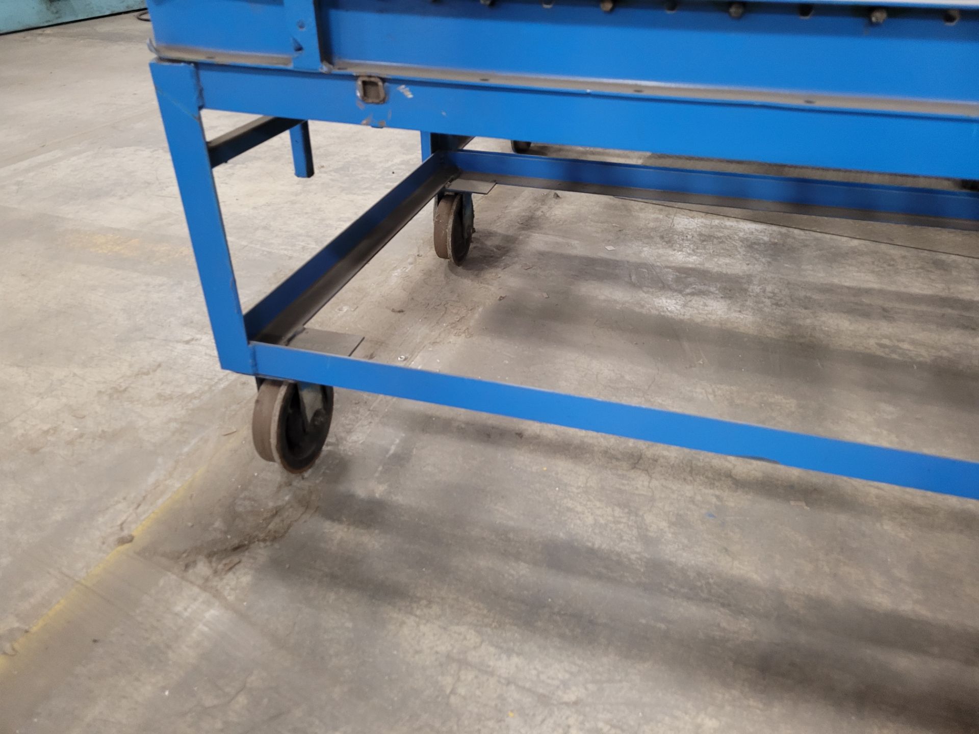 Lot of (4) steel frame manual roller conveyors, ea. w/(2) casters and (2) rail wheels, w/ adjustable - Image 12 of 13