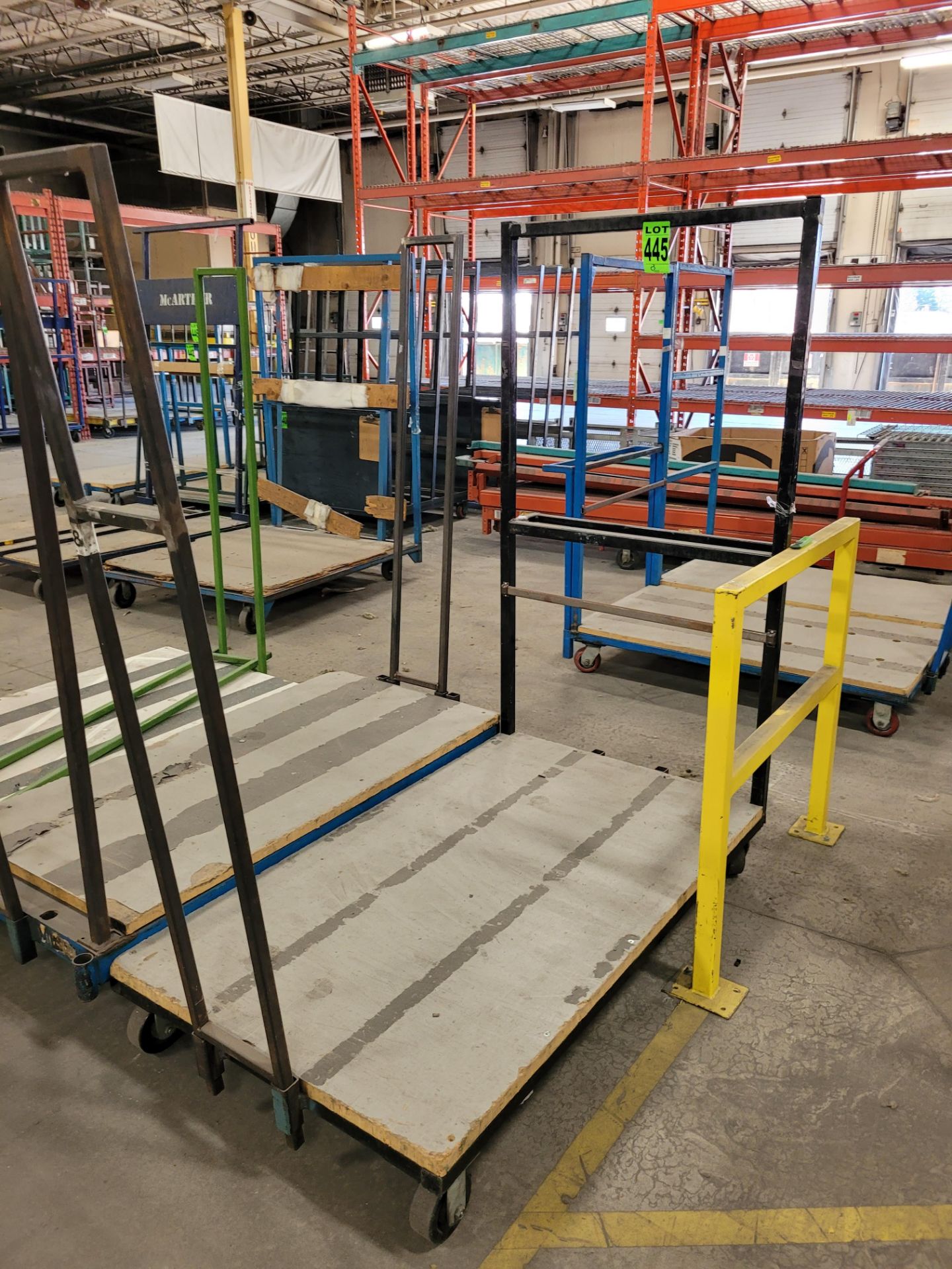Lot of (3) steel frame transfer carts w/ 6' raised sides, removable back side, on casters, (2) w/ ha - Image 2 of 6