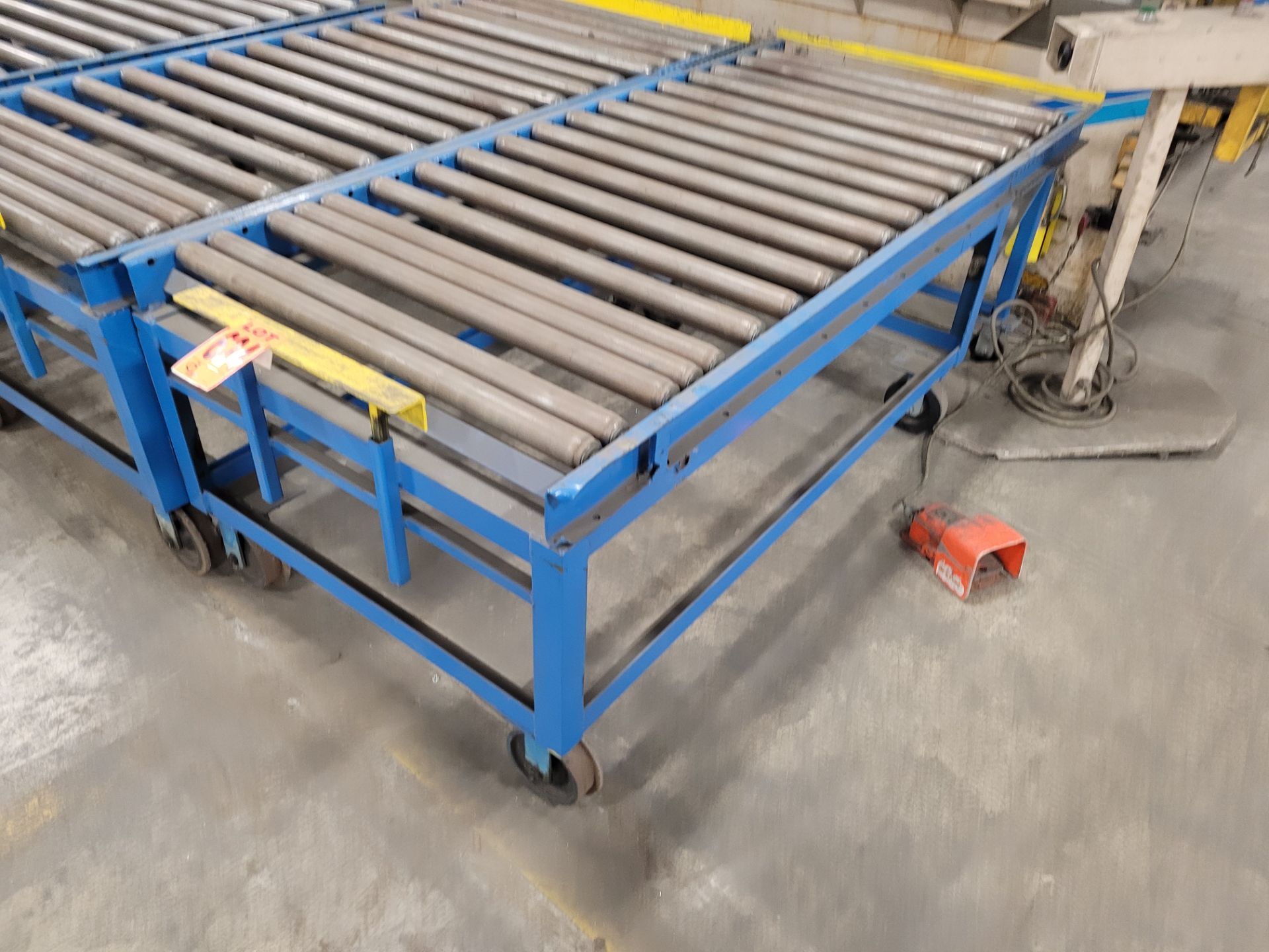 Lot of (4) steel frame manual roller conveyors, ea. w/(2) casters and (2) rail wheels, w/ adjustable - Image 3 of 13