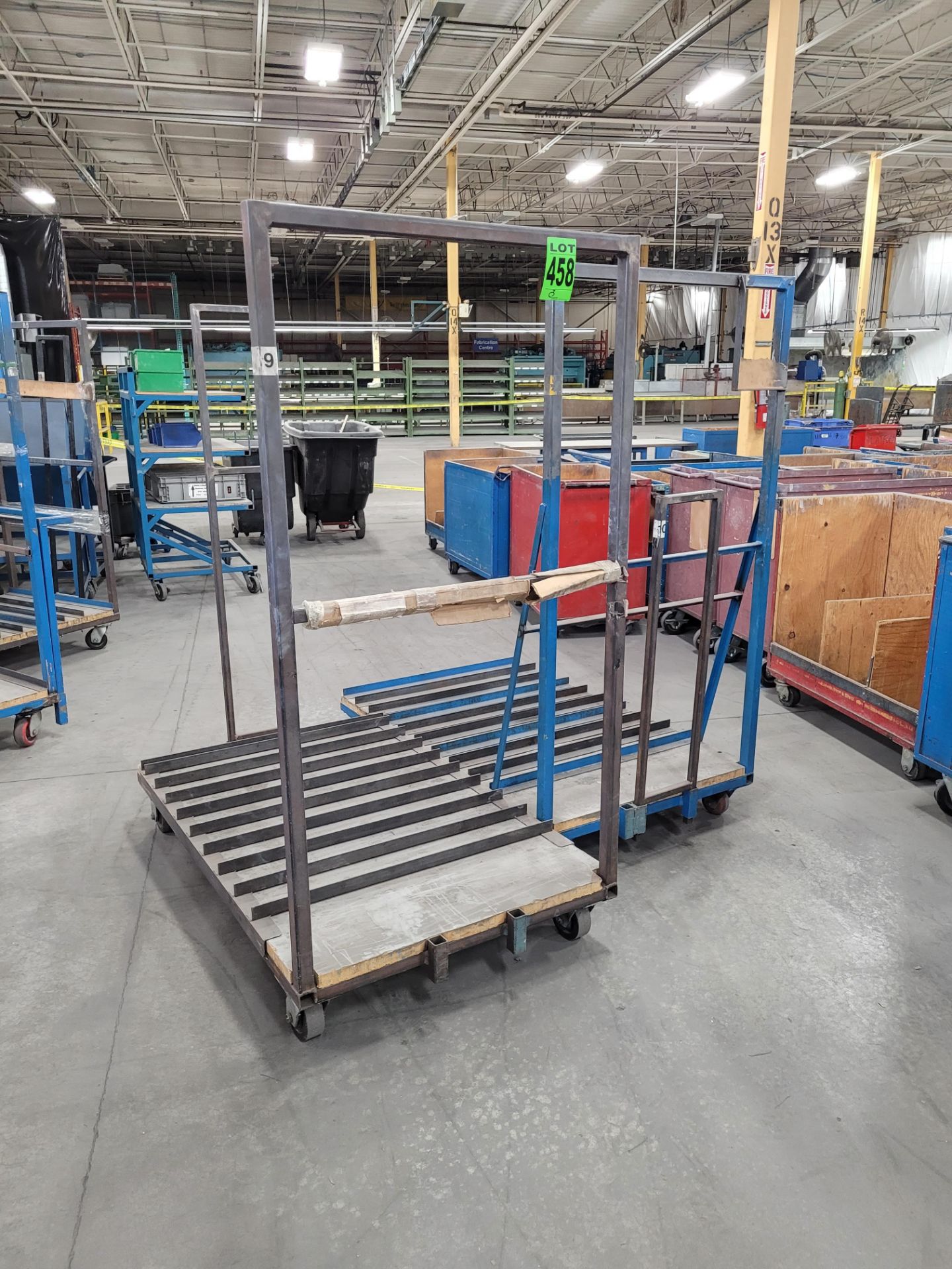 Lot of (2) steel carts (9) steel dividers, casters, removable steel sides