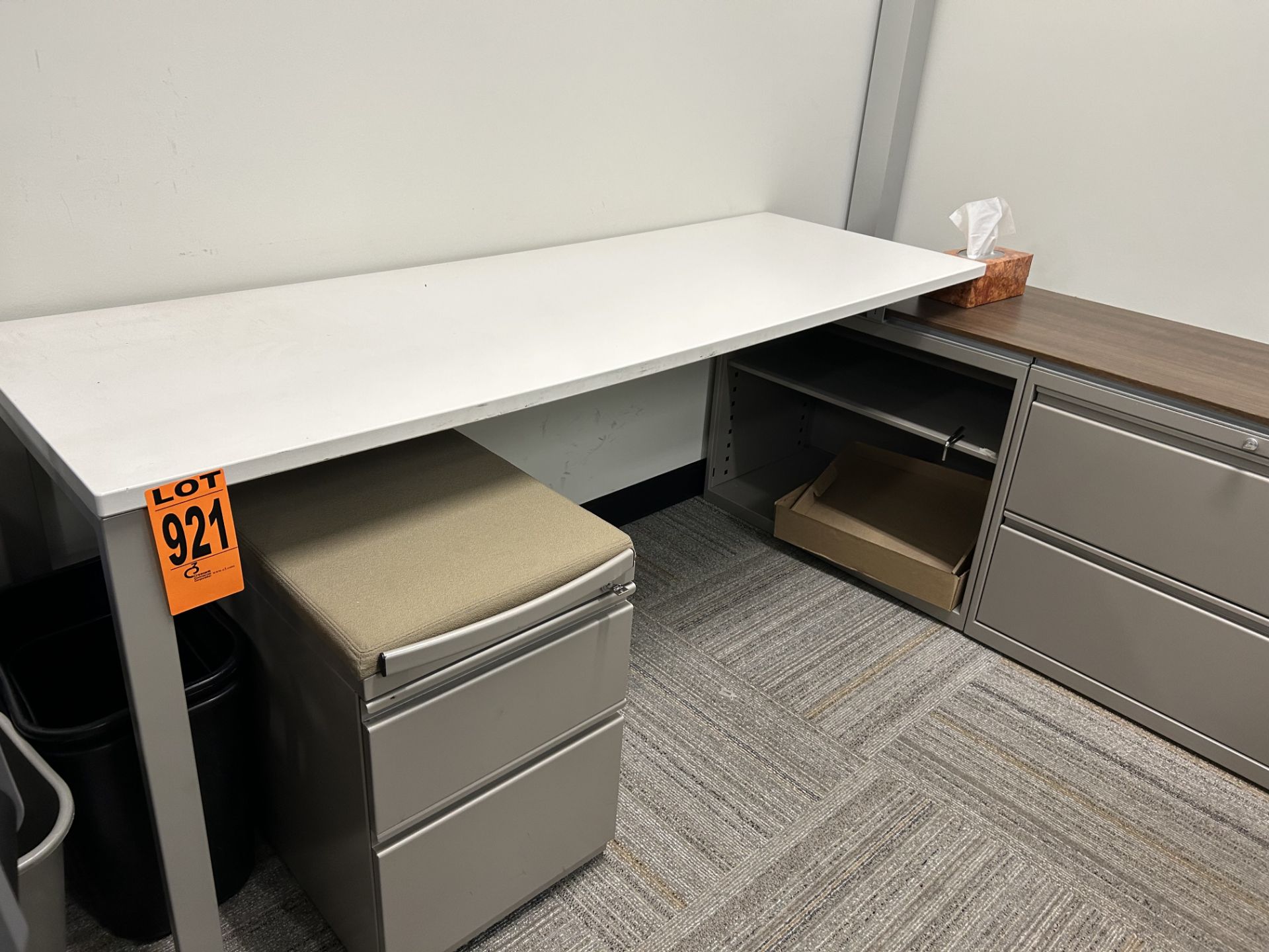 Lot of office furniture incl. (3) 2-level filing cabinets and work surfaces, L-shape