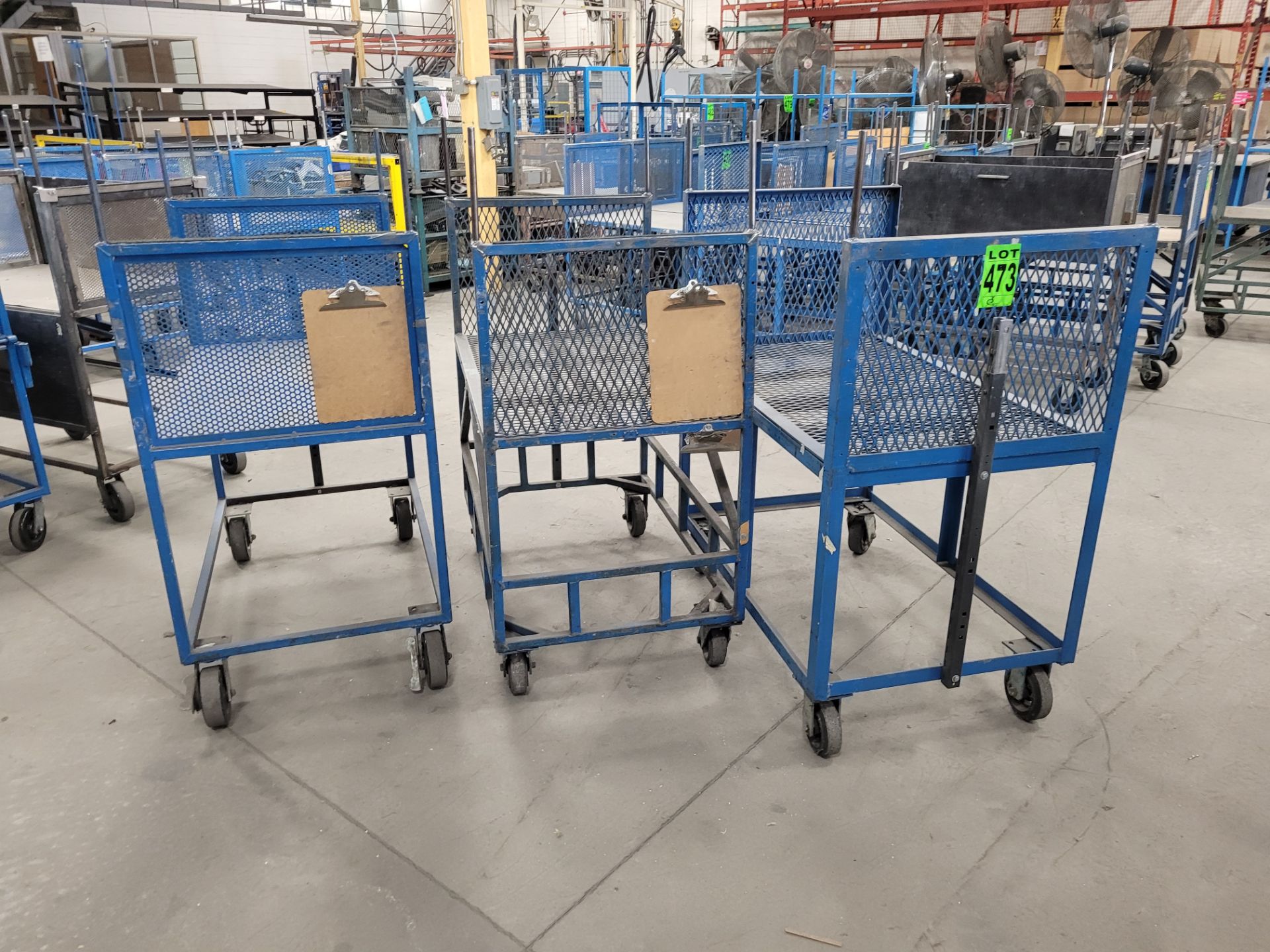 Lot of (3) steel-lattice carts w/handles, casters, wheel lock, (1) w/ expandable sides