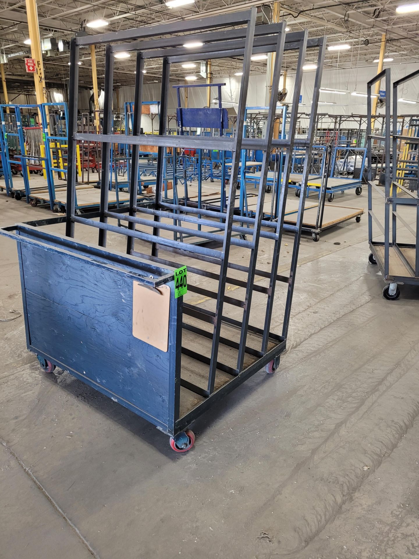 Steel frame 4-slot, 3-sided panel transfer cart w/ handle on casters, wooden base/side