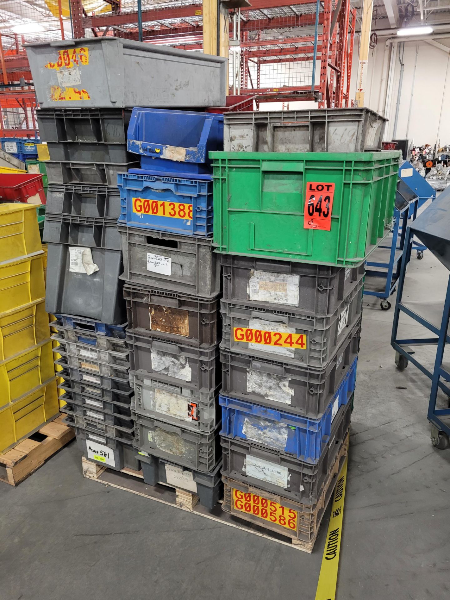 Lot of (48) assorted crates and totes, on pallet