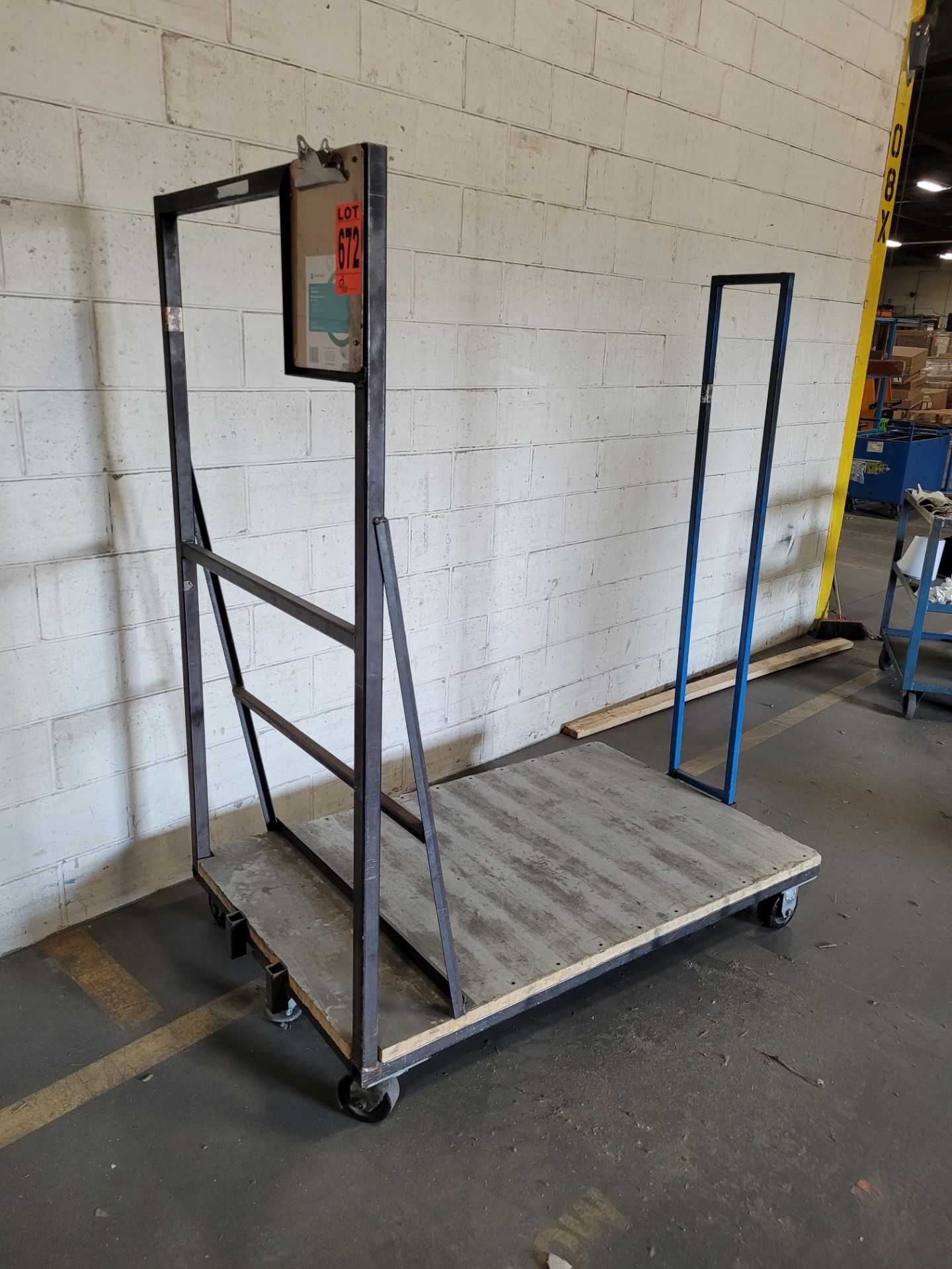 2-sided steel frame platform cart w/ floor lock, wood base and removable backstop