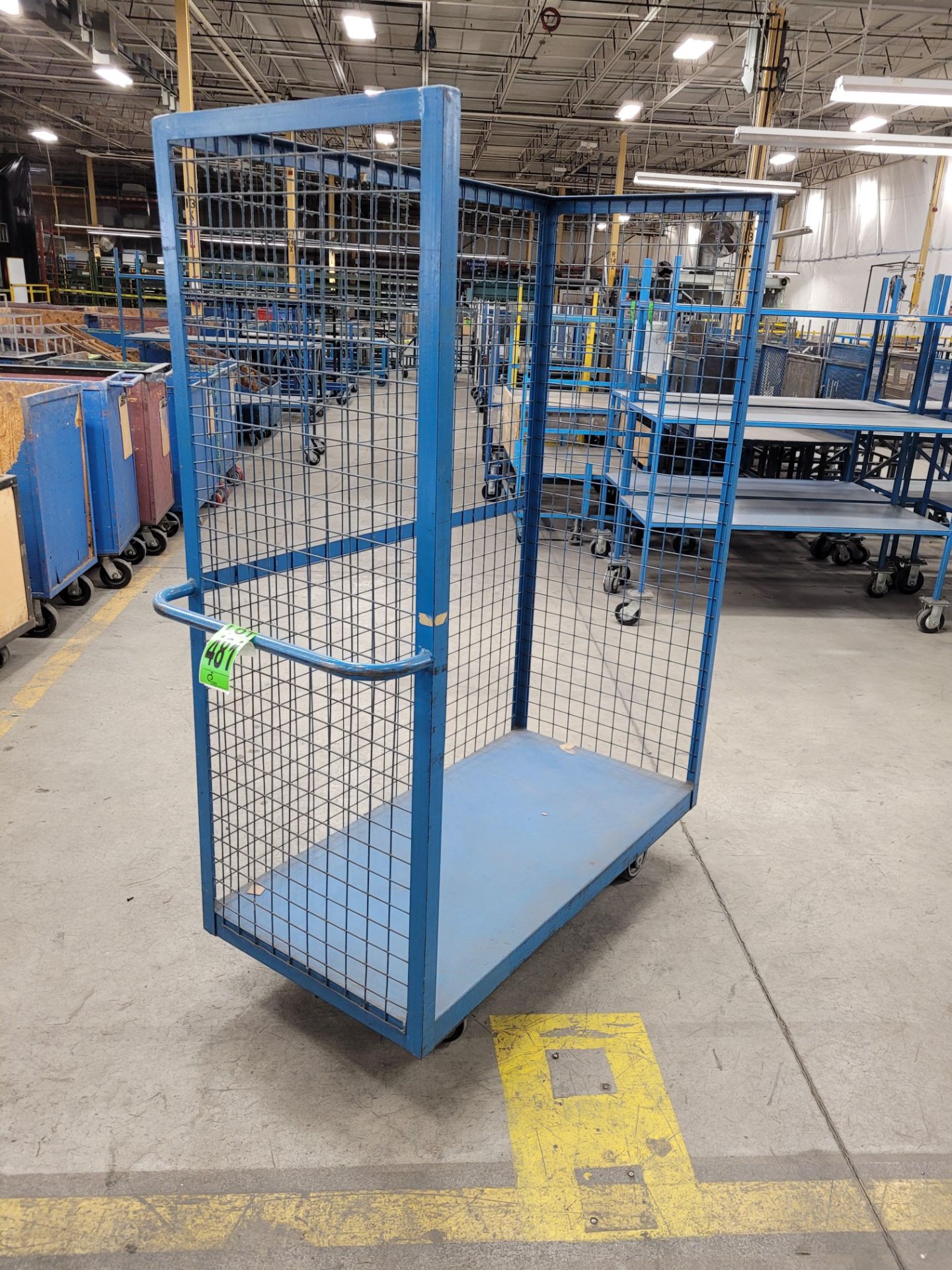 3-sided steel cage trolley w/handle, on casters, 5'x 2'x 6.5'H