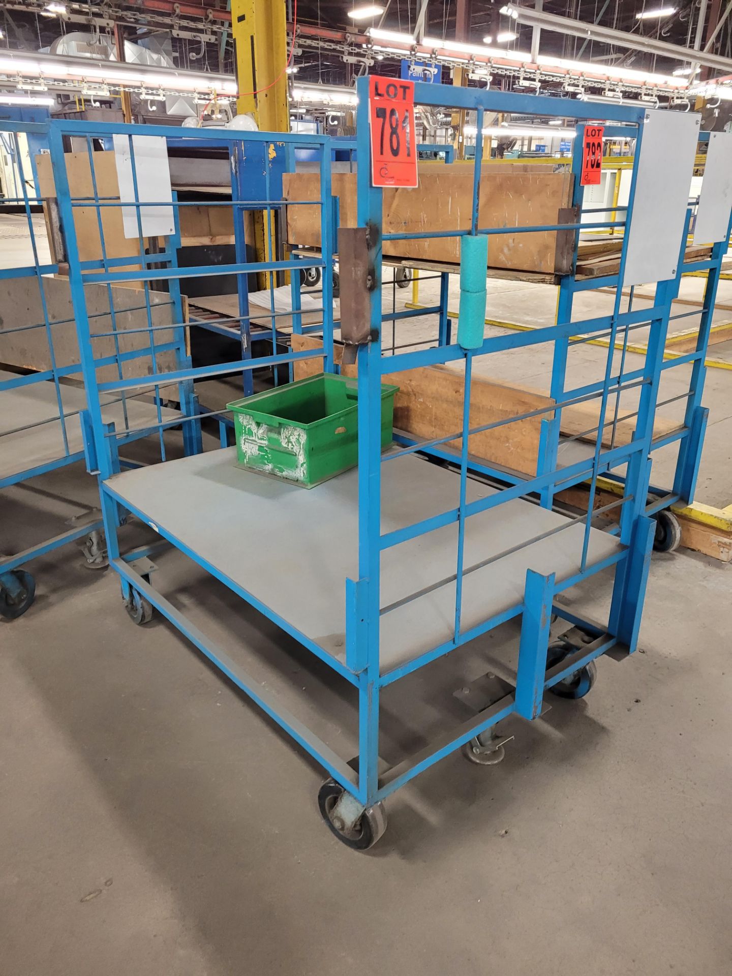 Steel frame, 2-side transfer cart w/ slots for panel walls, floor lock