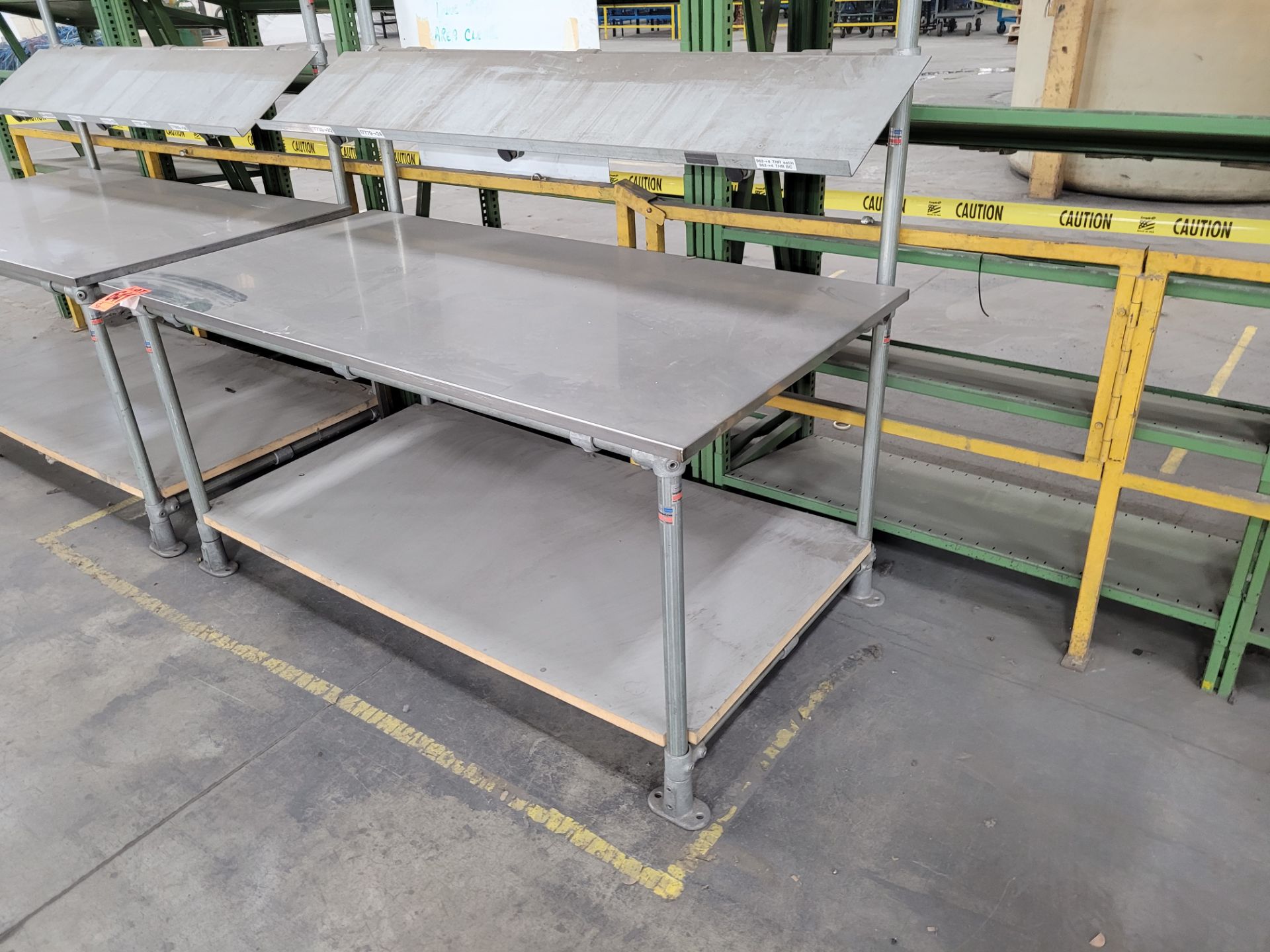 Stainless steel, galvanized steel and plywood worktable w/inclined overhead shelf - Image 2 of 2