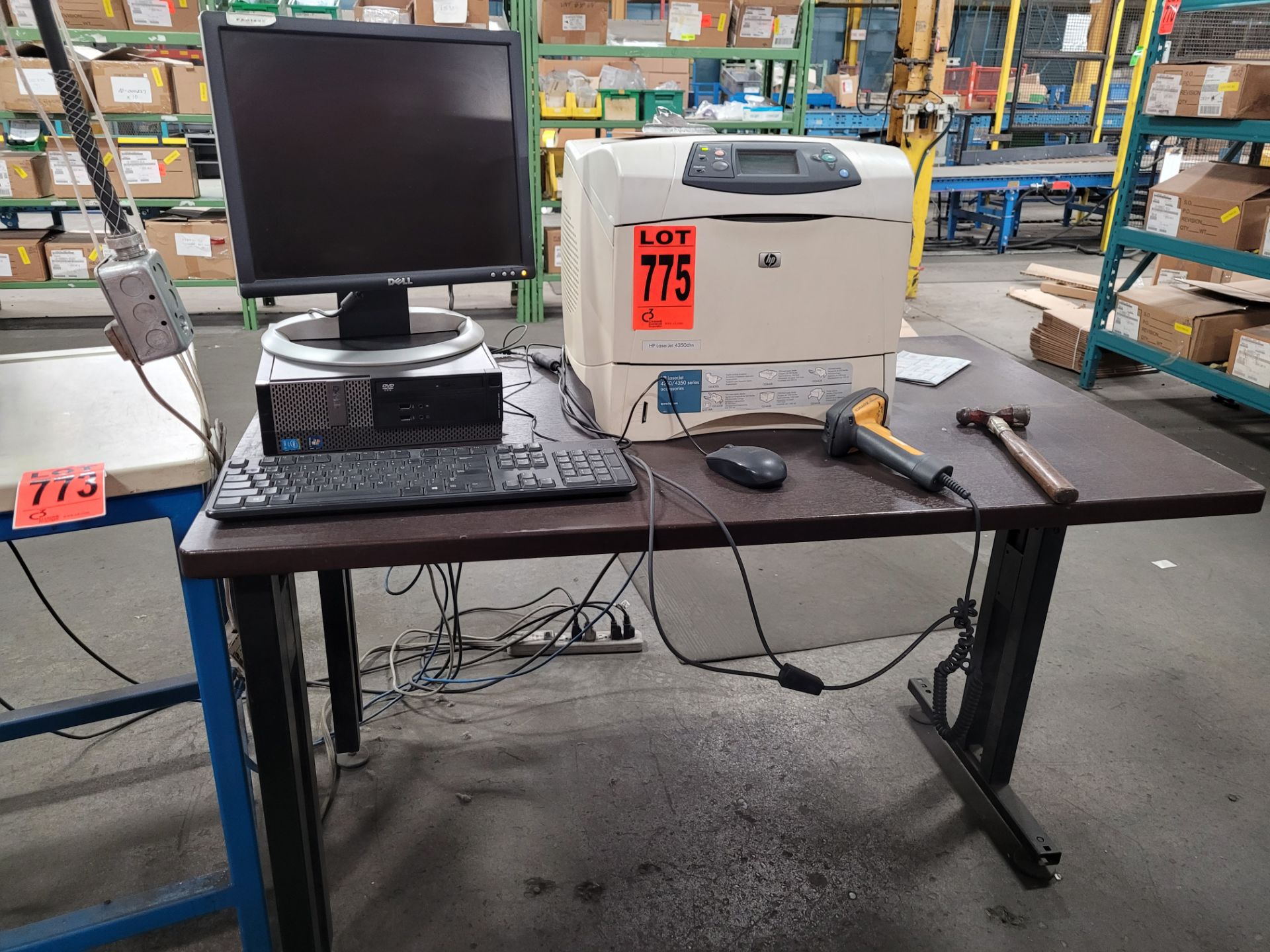 Lot of (1) steel table w/composite surface, Intel PC, DELL Monitor, HP Laserjet mod. 4350DLN printer