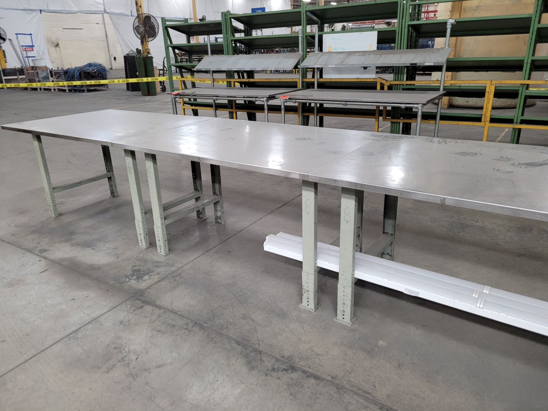 Lot of (3) stainless steel worktables, bolted together, metal bases - Image 4 of 4