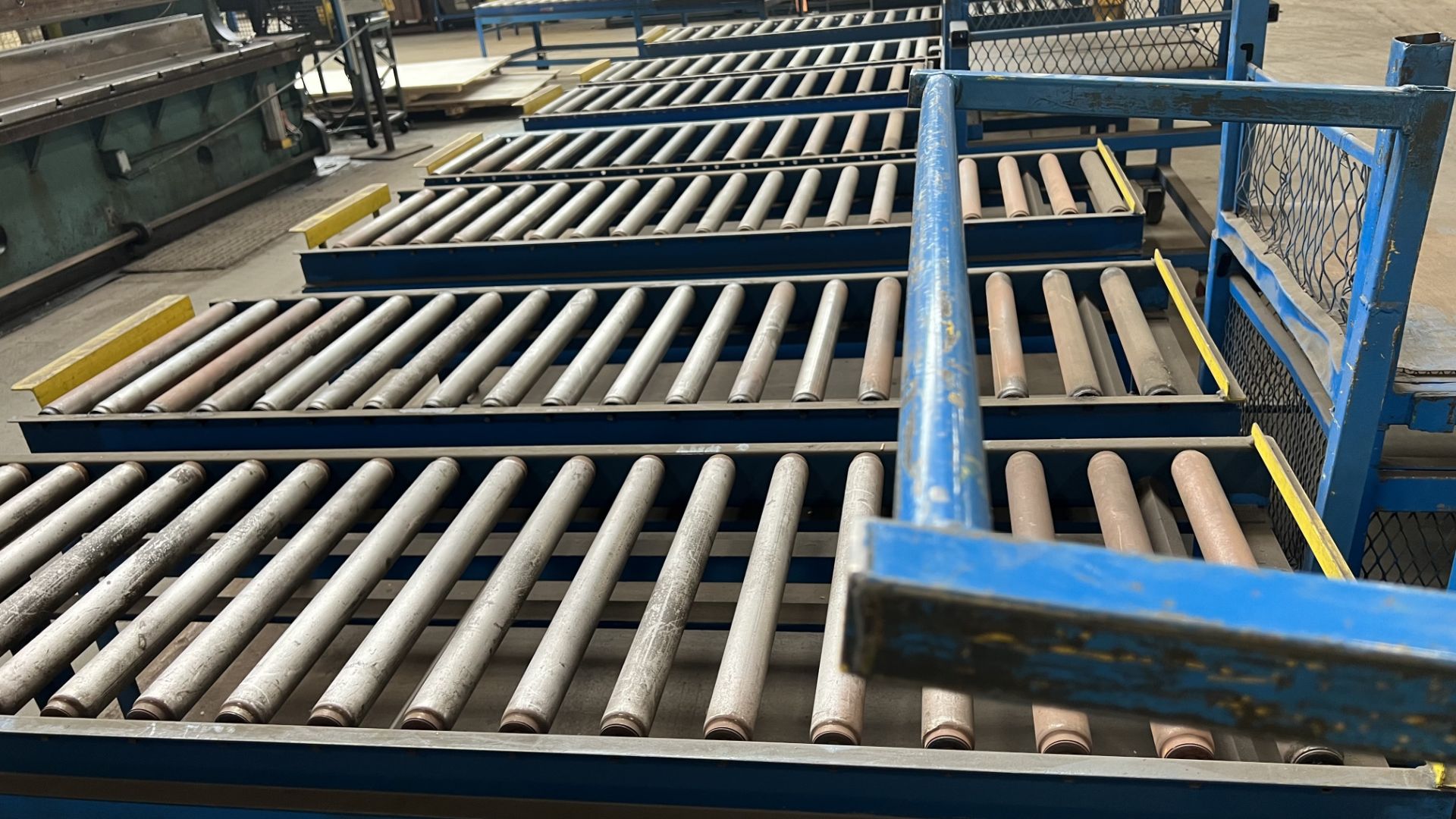 Lot of (9) steel frame fixed manual roller conveyor sections w/ adj/ bumper bars - Image 4 of 5