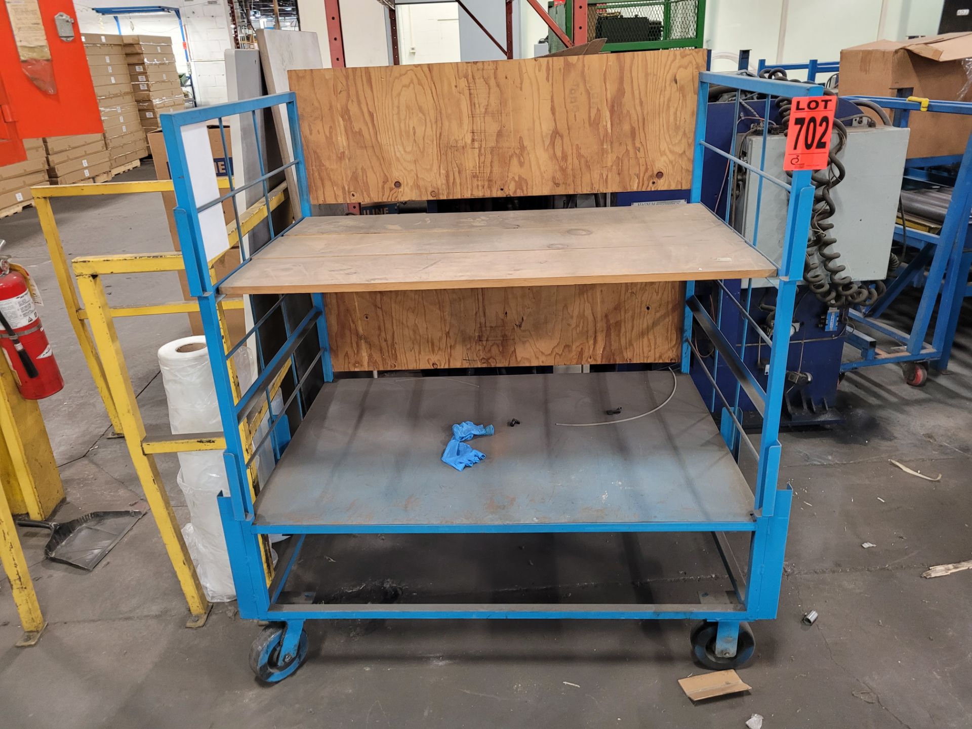 Steel frame cart w/casters, removable wood sides, steel and plywood shelves