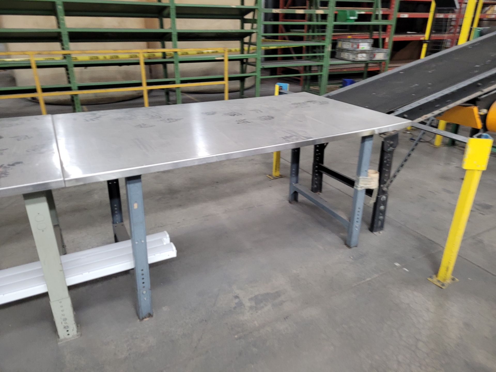 Lot of (3) stainless steel worktables, bolted together, metal bases - Image 2 of 4