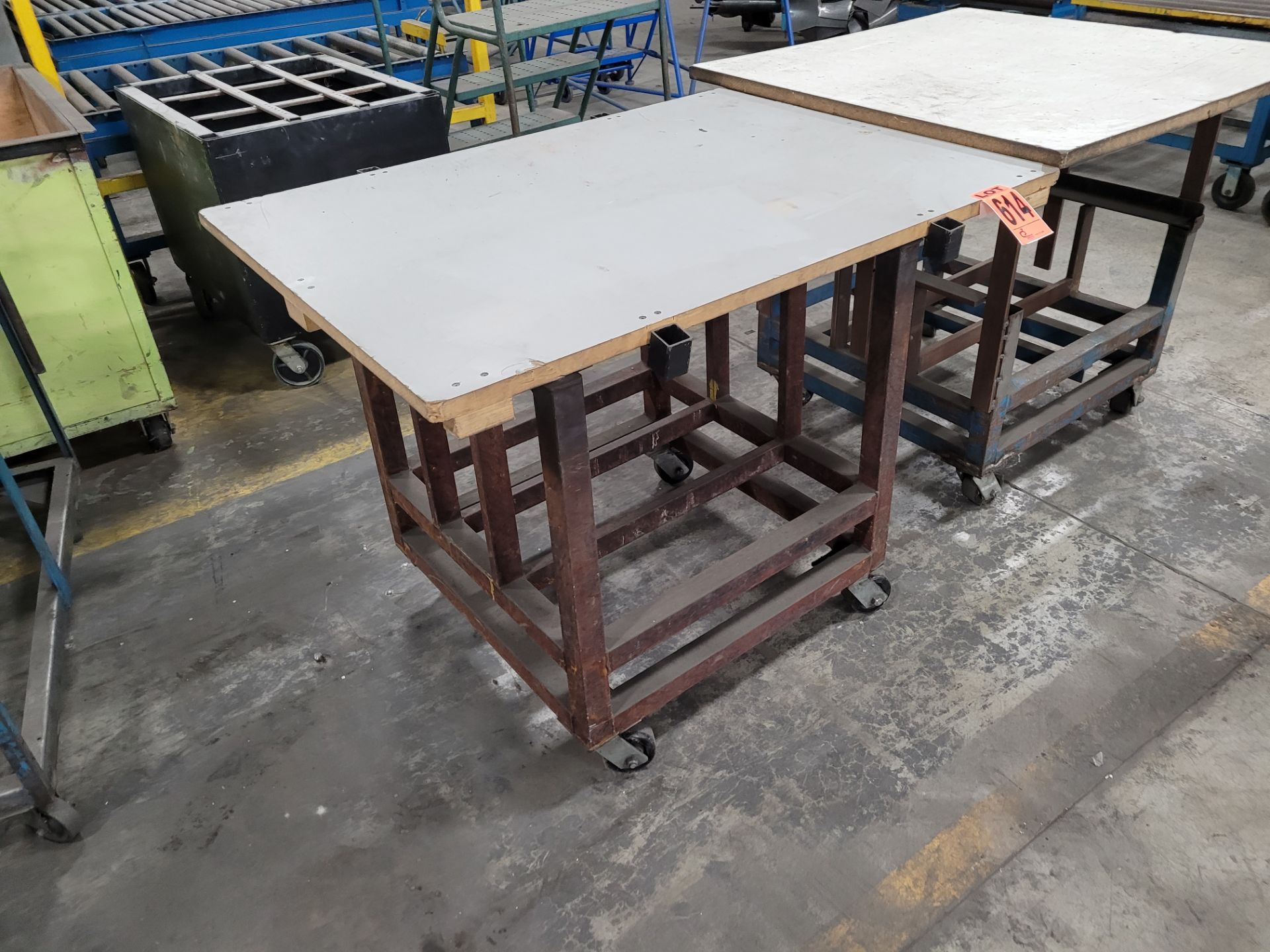 Lot of (2) steel frame, plywood surface mobile workstations on casters - Image 2 of 3