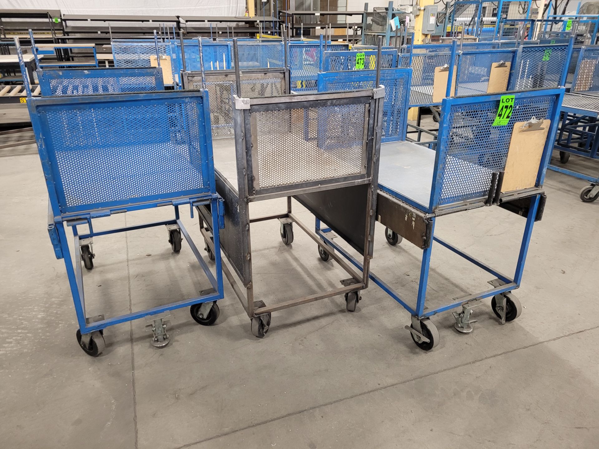 Lot of (3) steel-lattice carts w/handles, casters, wheel lock, (3) w/ expandable sides and (2) w/flo