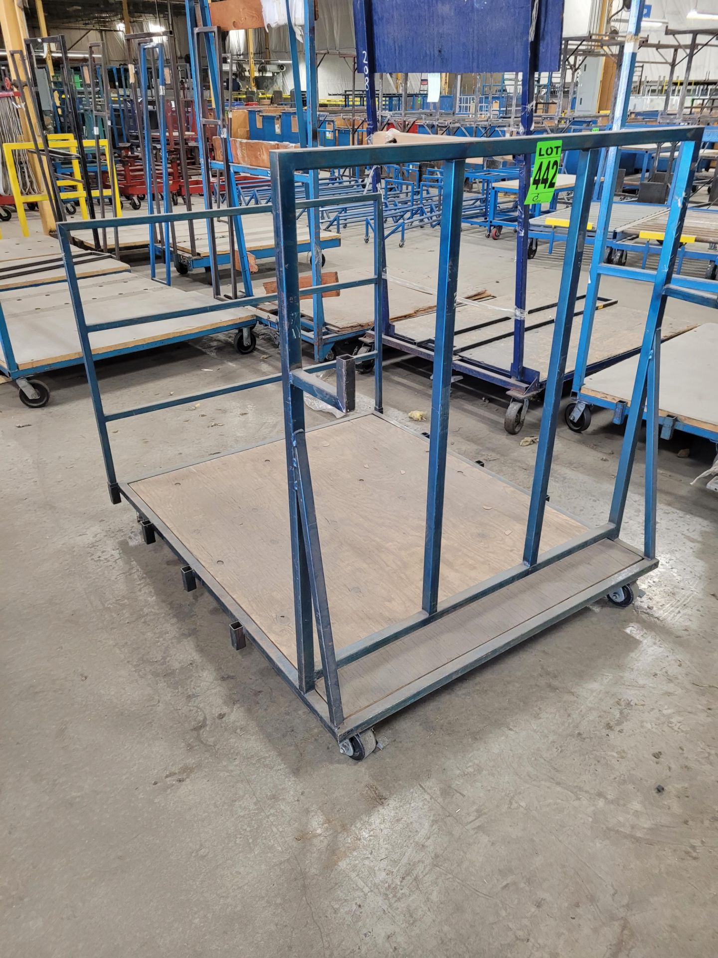Steel framed transfer cart w/ (2) raised sides on casters, w/ (2) steel hooks, wood base, 4' x 5' x - Image 2 of 3