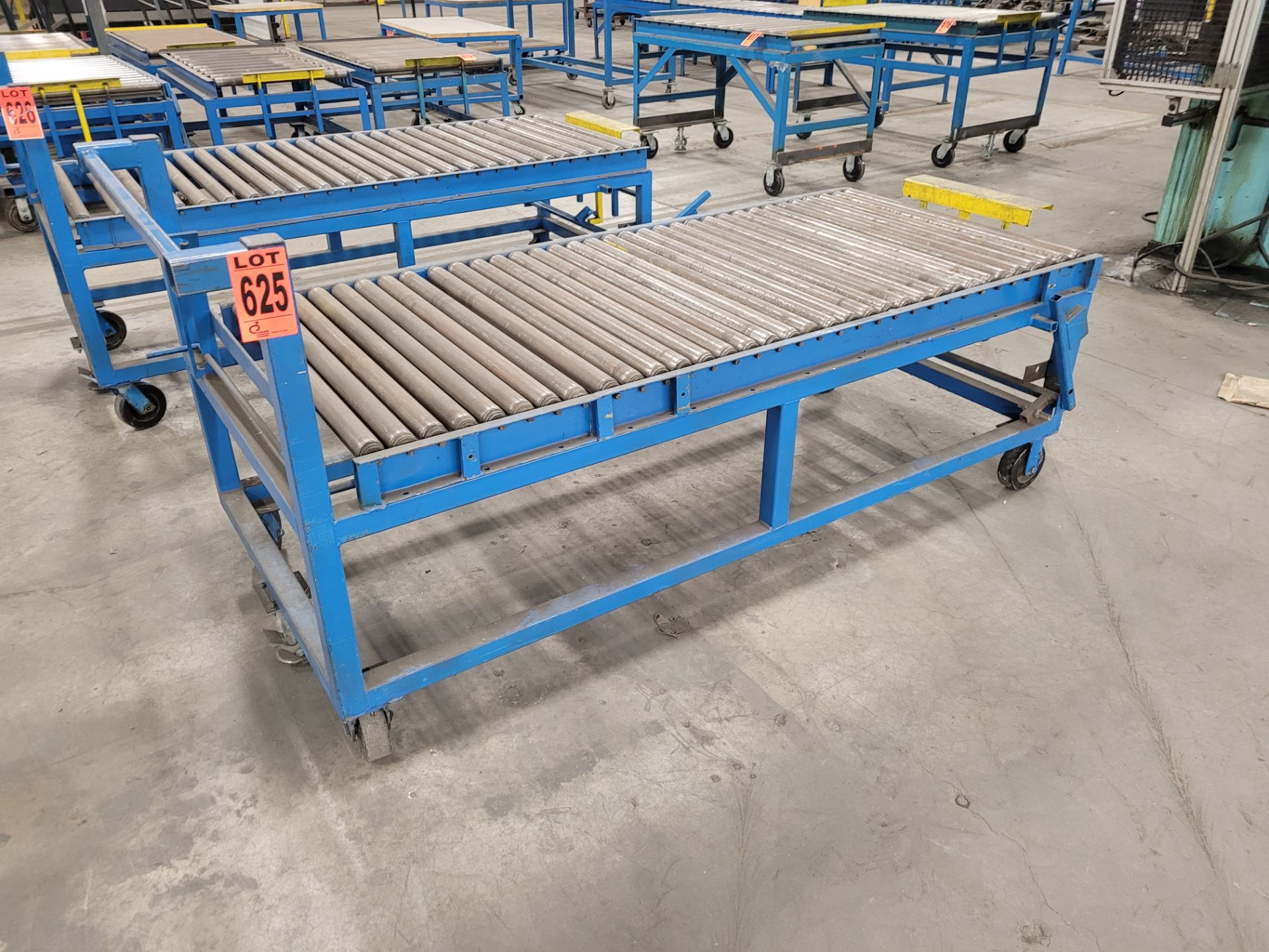 Steel frame manual roller conveyor cart on casters w/ floor lock and handle