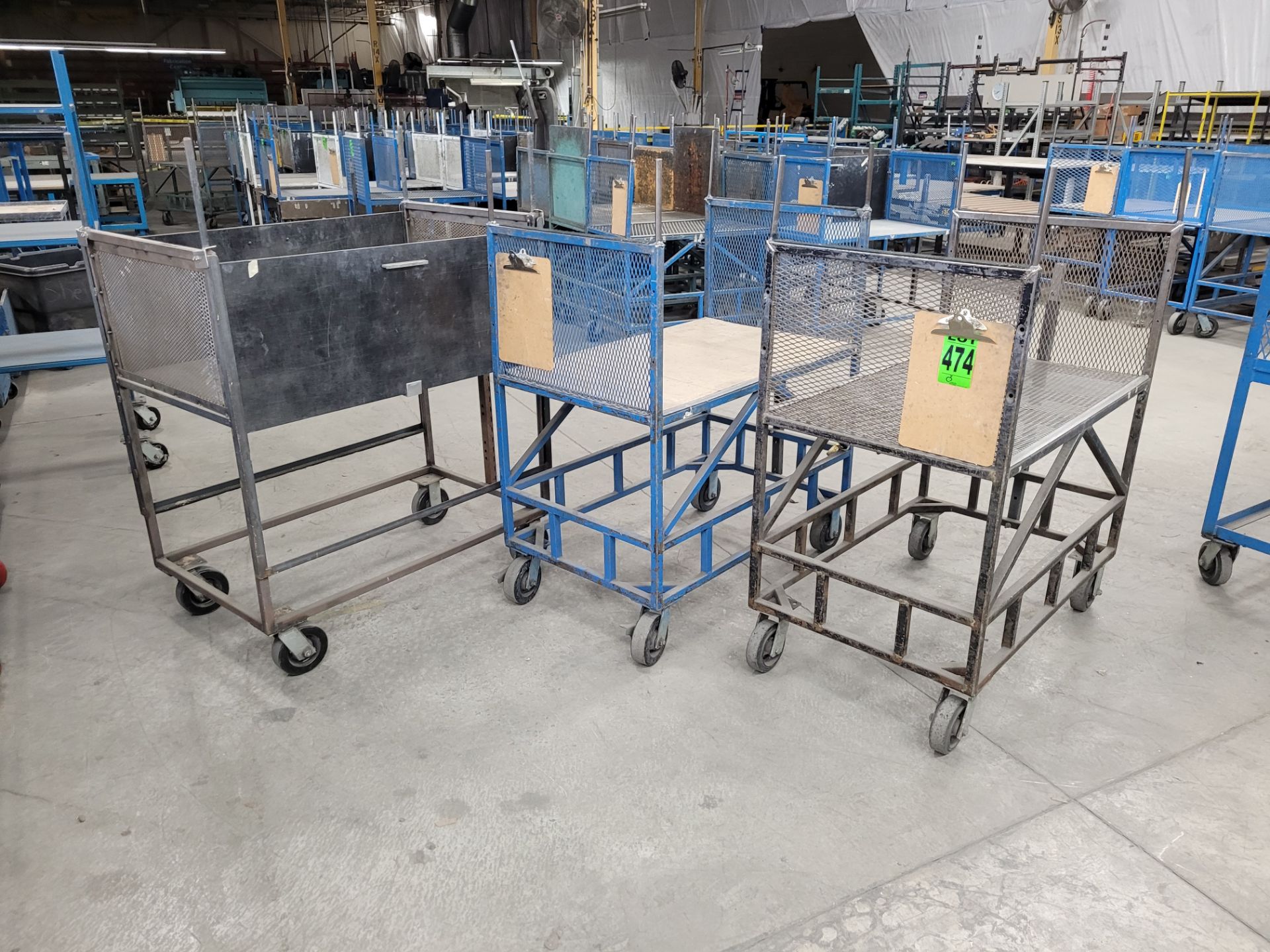 Lot of (3) steel-lattice carts w/handles, casters, wheel lock, (1) w/ 2 removable sides