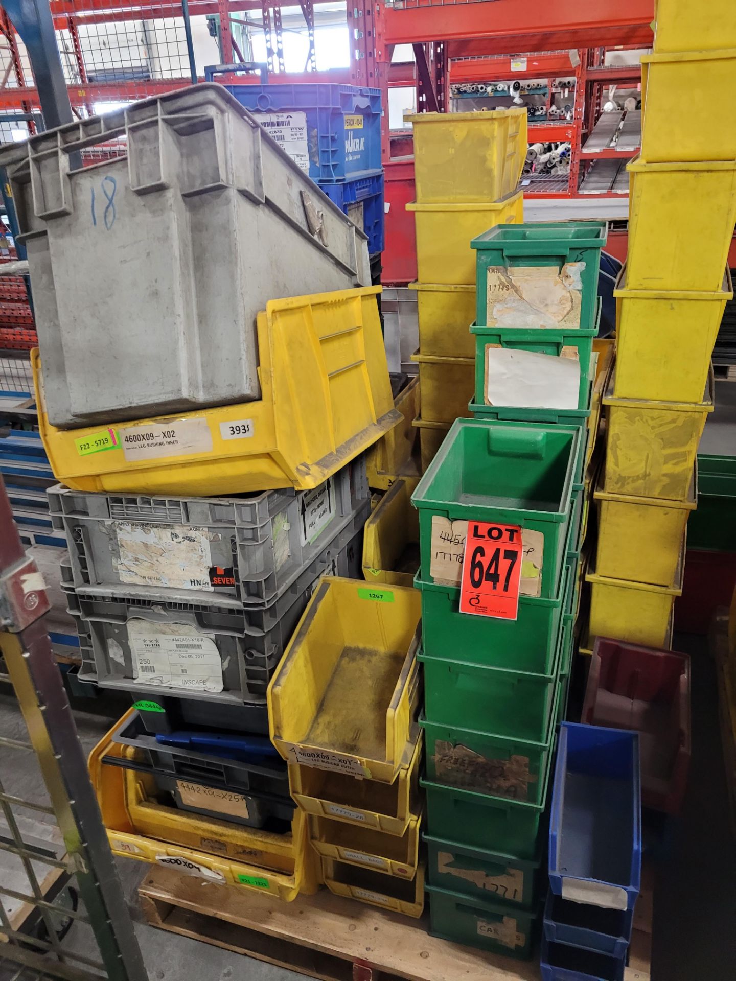 Lot of (50) assorted crates, totes and parts holders on pallet