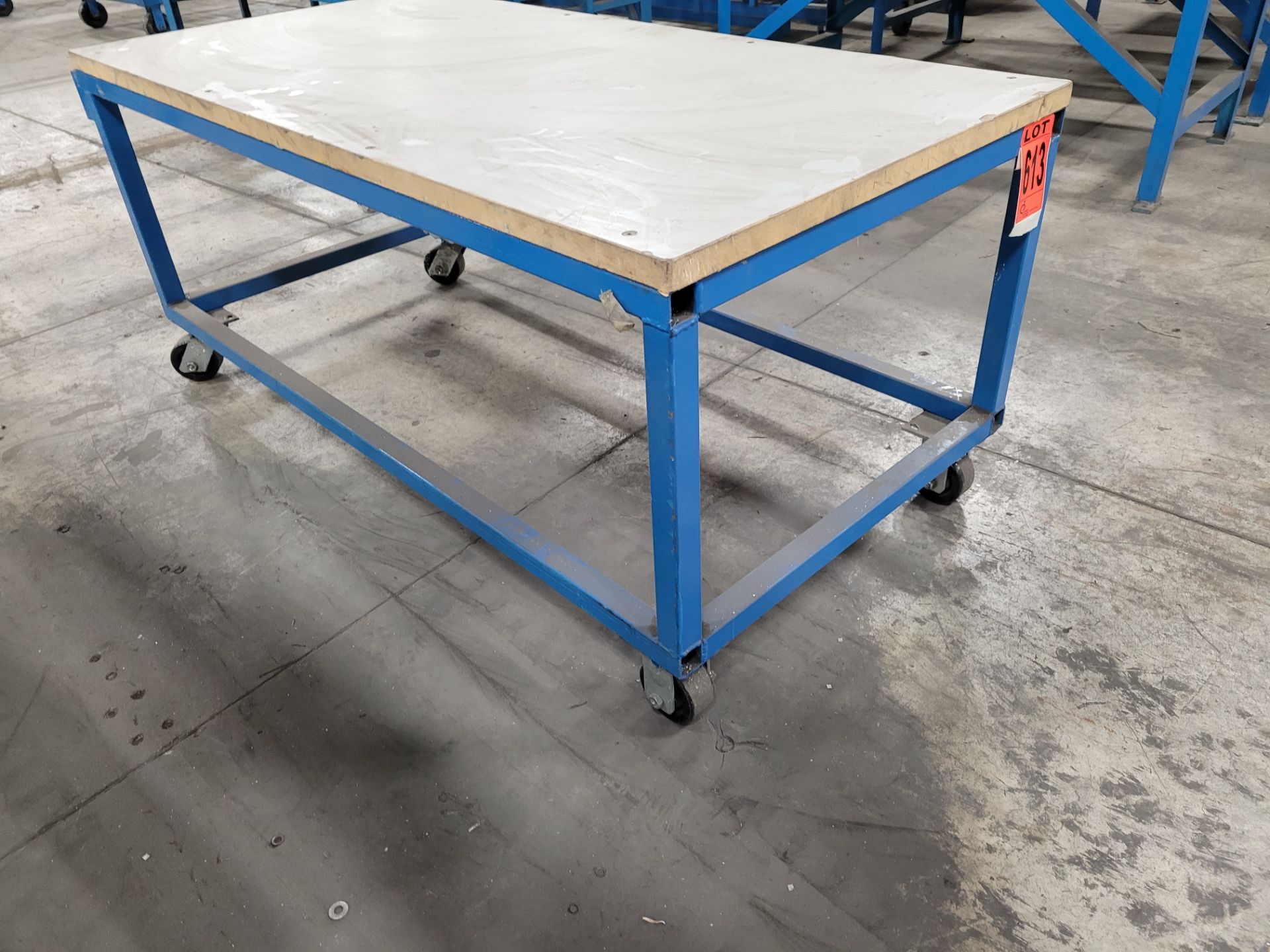 Mobile steel frame worktable on casters w/plywood surface - Image 4 of 4