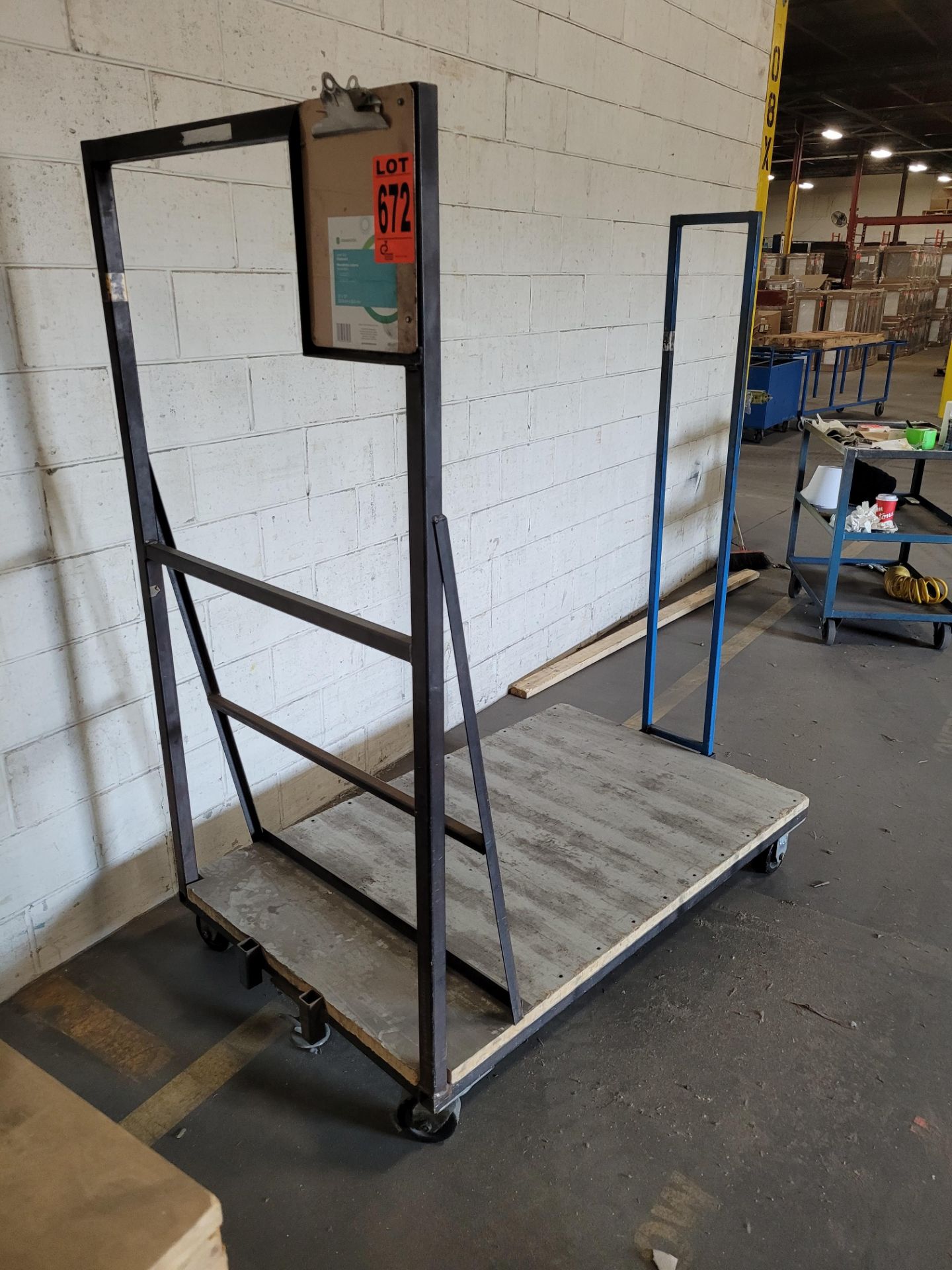 2-sided steel frame platform cart w/ floor lock, wood base and removable backstop - Image 2 of 4