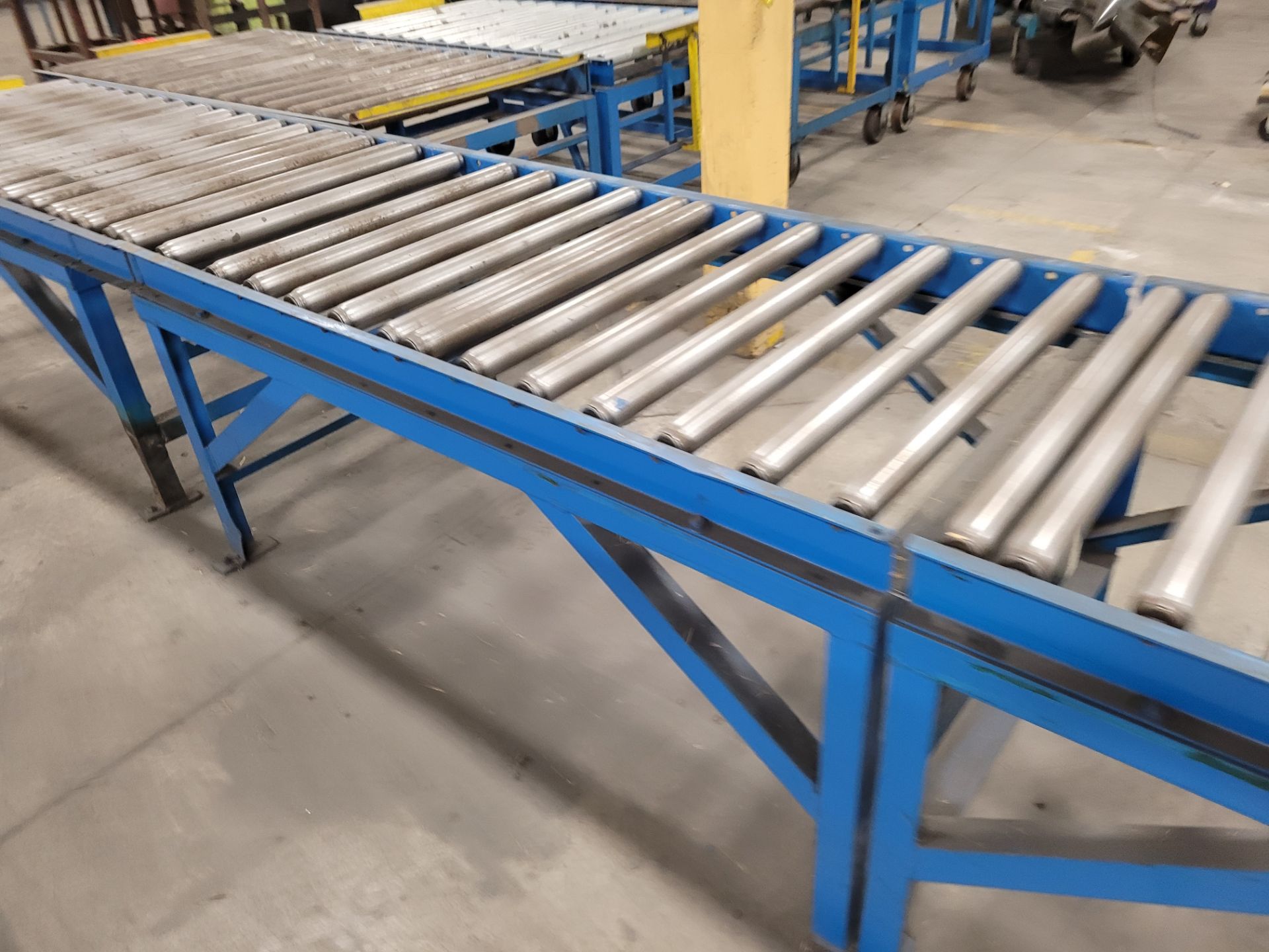 Lot of (3) steel frame manual roller conveyors, (2) w/ adjustable steel backstops - Image 3 of 4