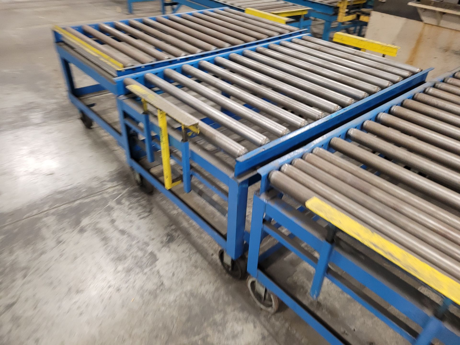 Lot of (4) steel frame manual roller conveyors, ea. w/(2) casters and (2) rail wheels, w/ adjustable - Image 5 of 13