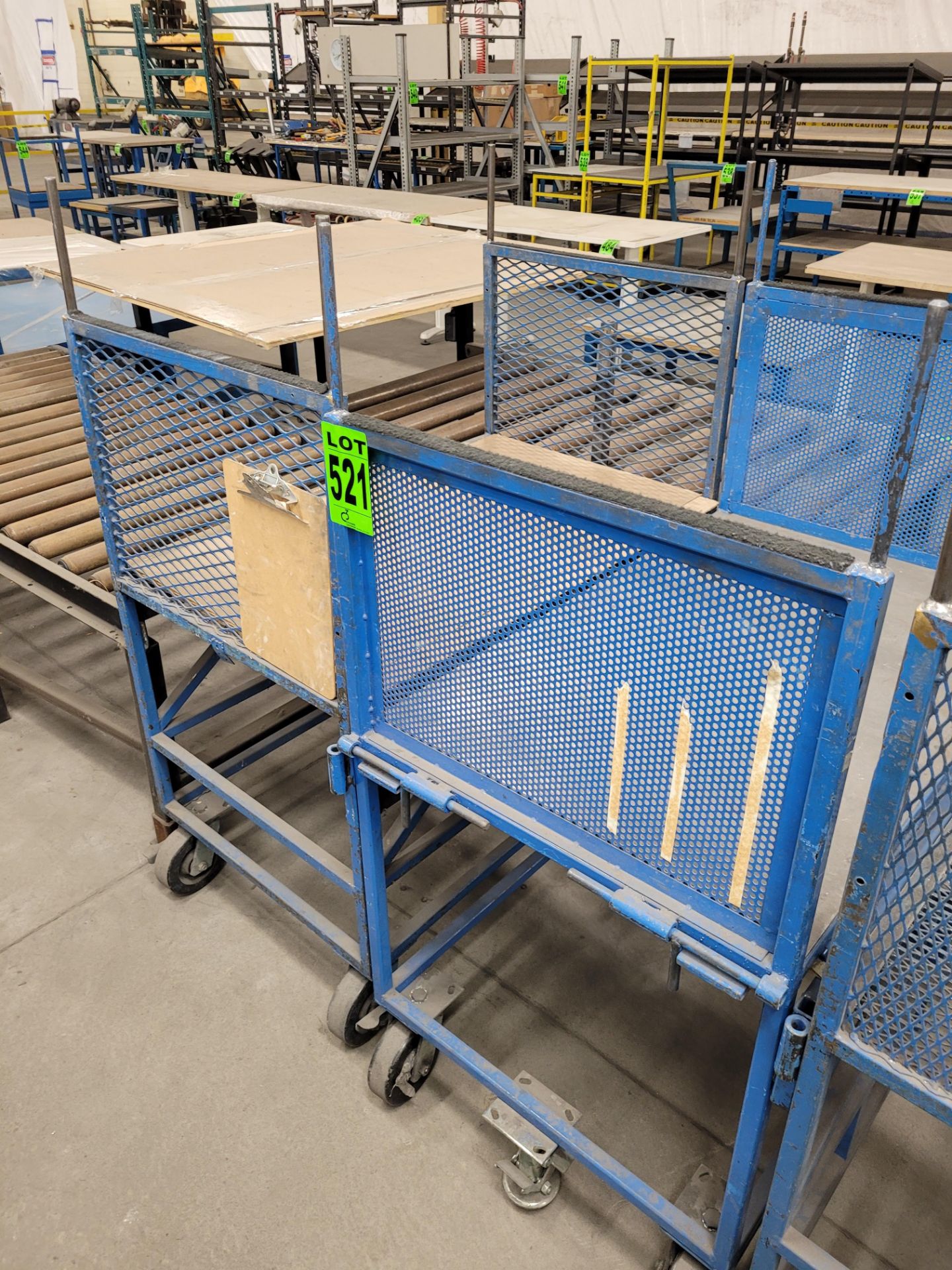 Lot of (2) steel-lattice carts w/handles, casters, wheel lock, (1) w/expandable sides