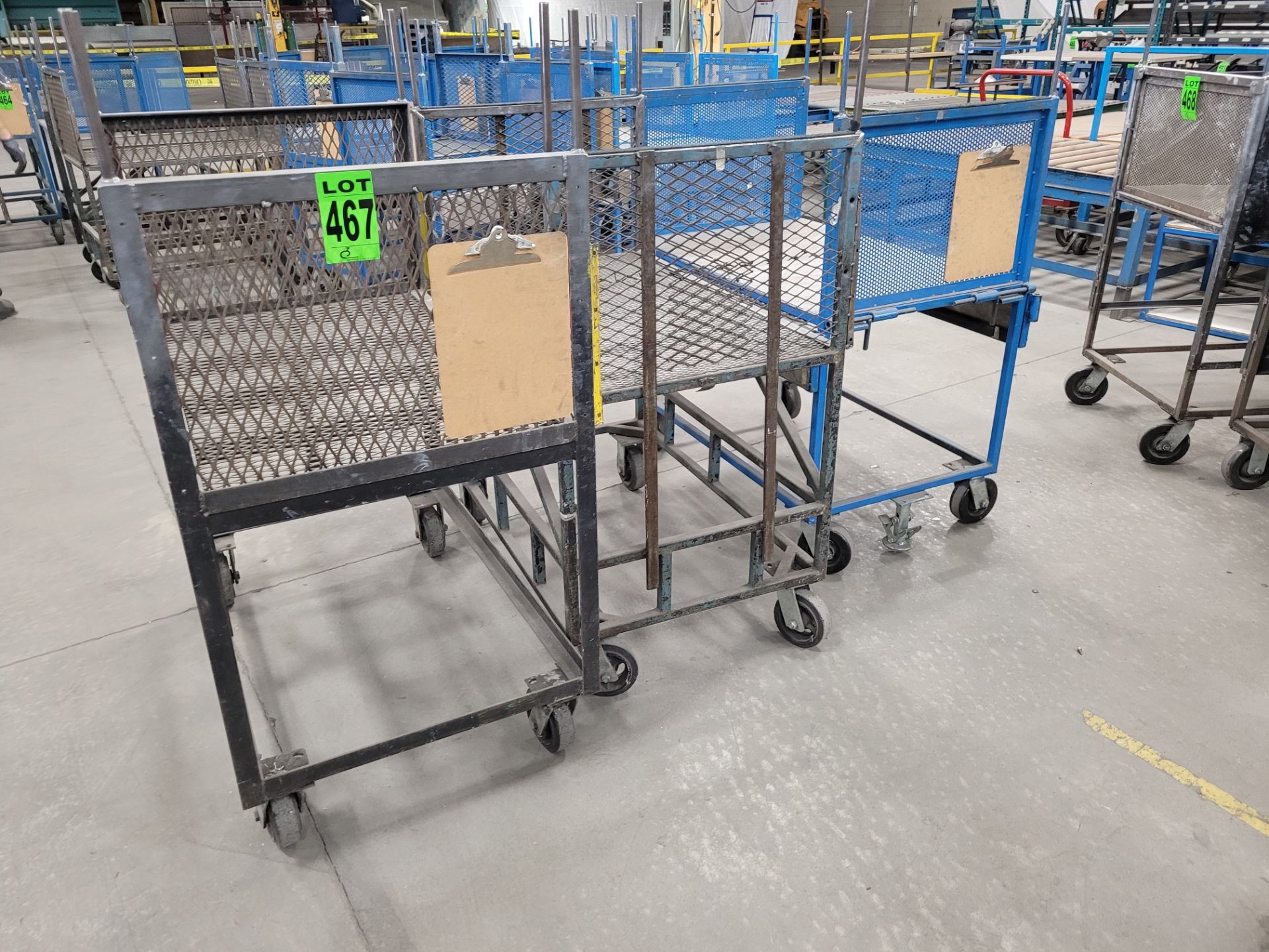 Lot of (3) steel-lattice carts w/handles, casters, wheel lock, (1) w/ expandable sides and floor loc