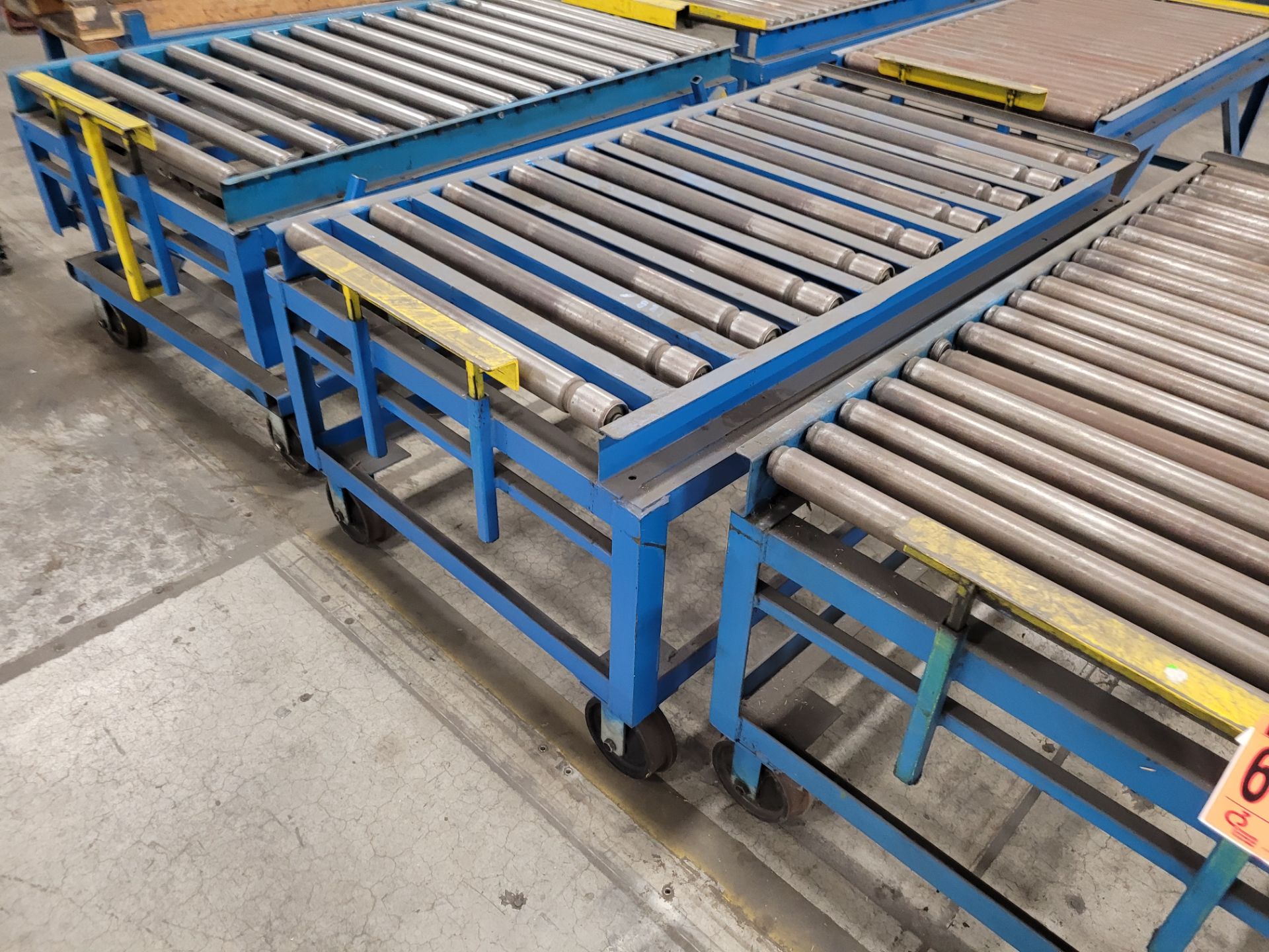 Lot of (3) Heavy-duty steel frame mobile roller conveyors, (2) casters + (2) steel rail wheels, w/ad - Image 3 of 10