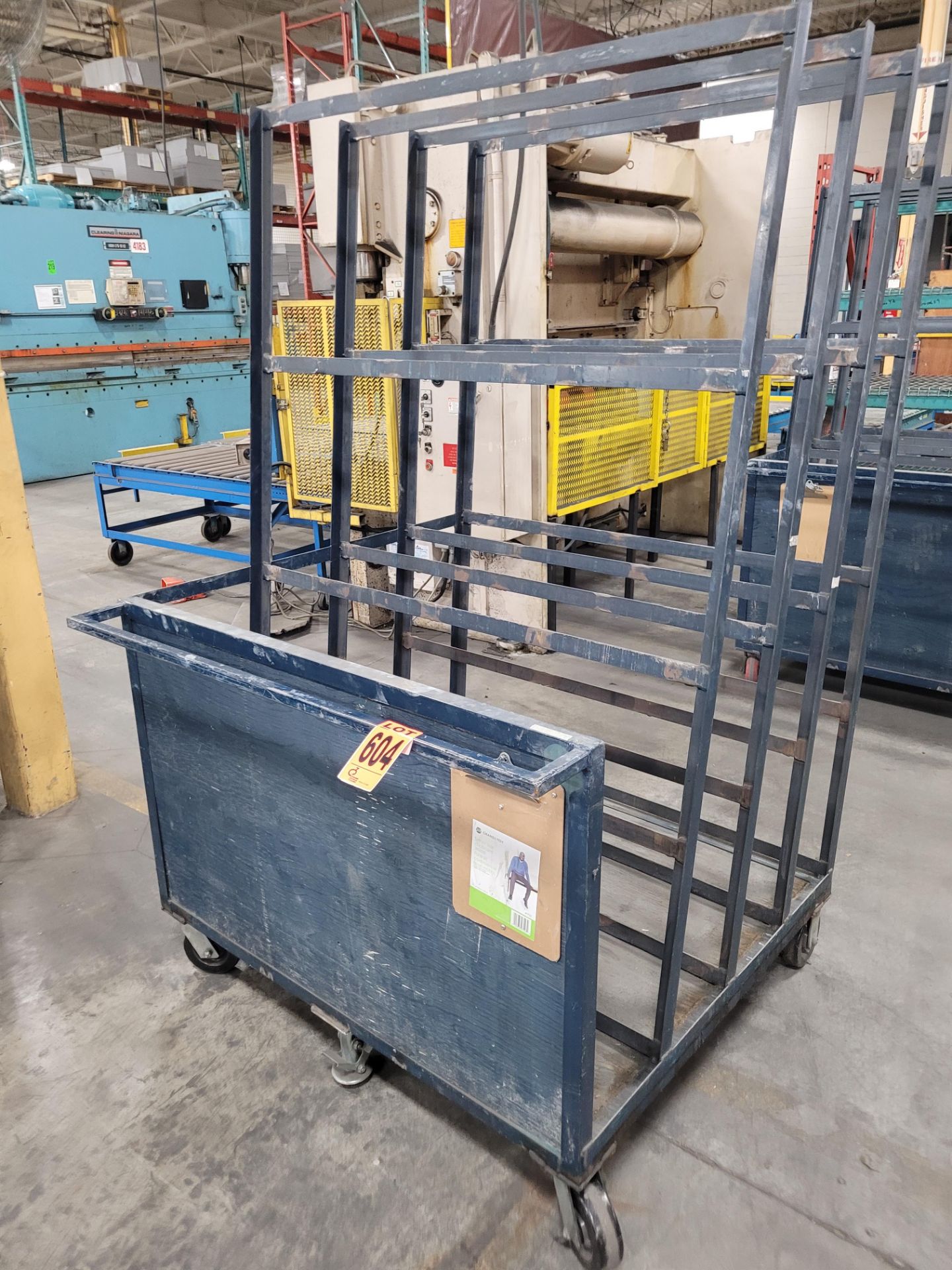 Steel frame 4-slot, 3-sided panel transfer cart w/ handle on casters, wooden base/side