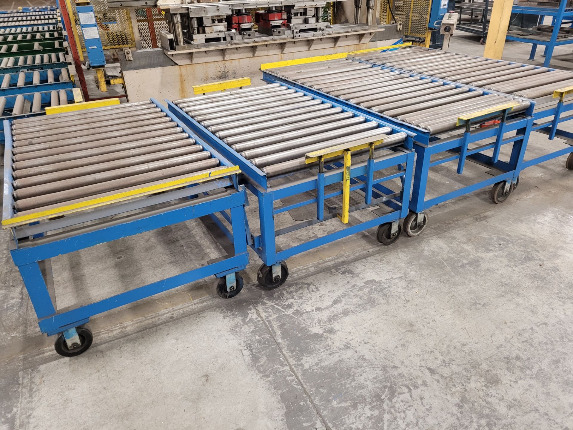 Lot of (4) steel frame manual roller conveyors, ea. w/(2) casters and (2) rail wheels, w/ adjustable - Image 7 of 13